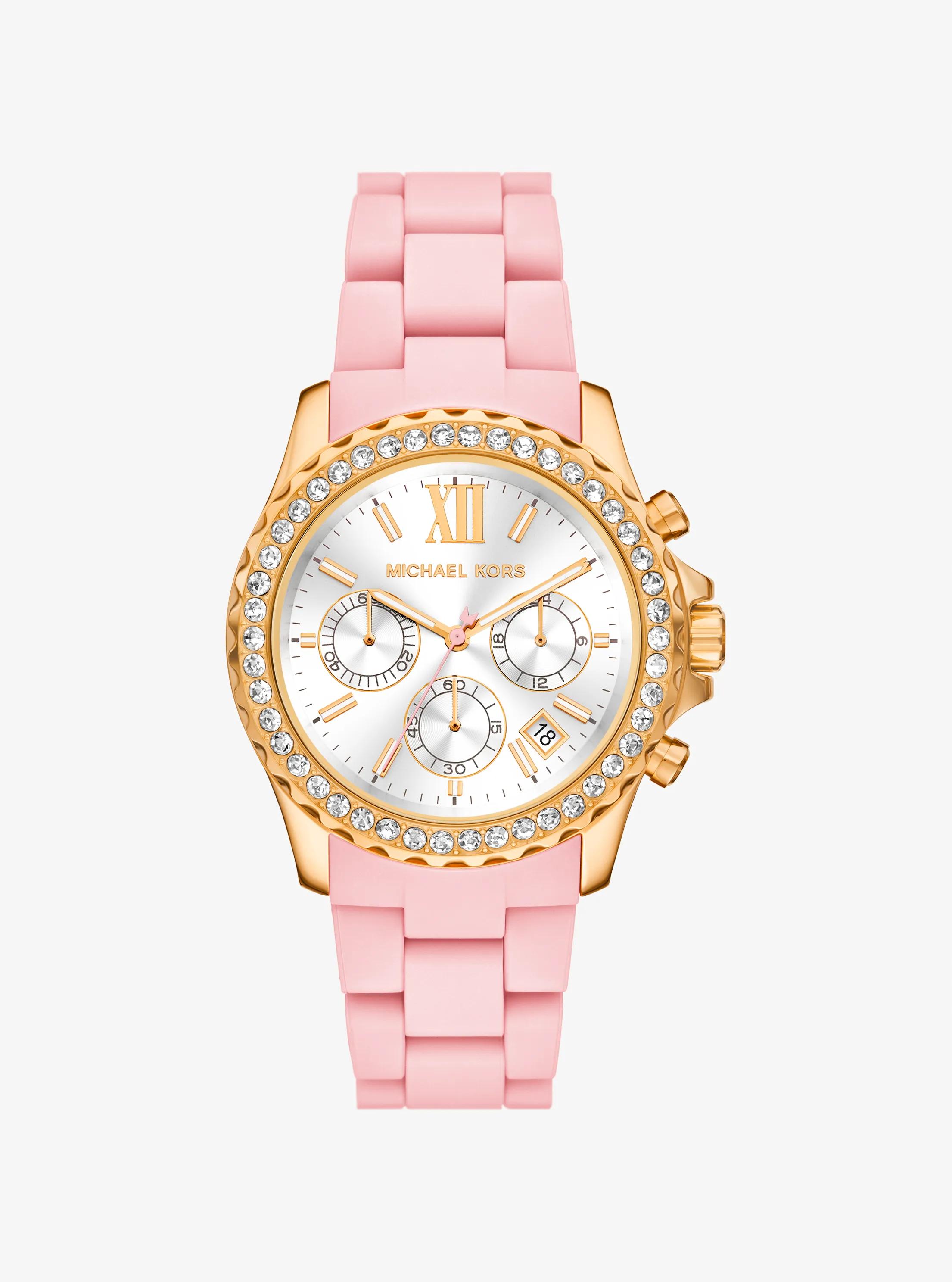 Oversized Everest Pav&eacute; Gold-Tone and Silicone Watch in BLUSH | Michael Kors