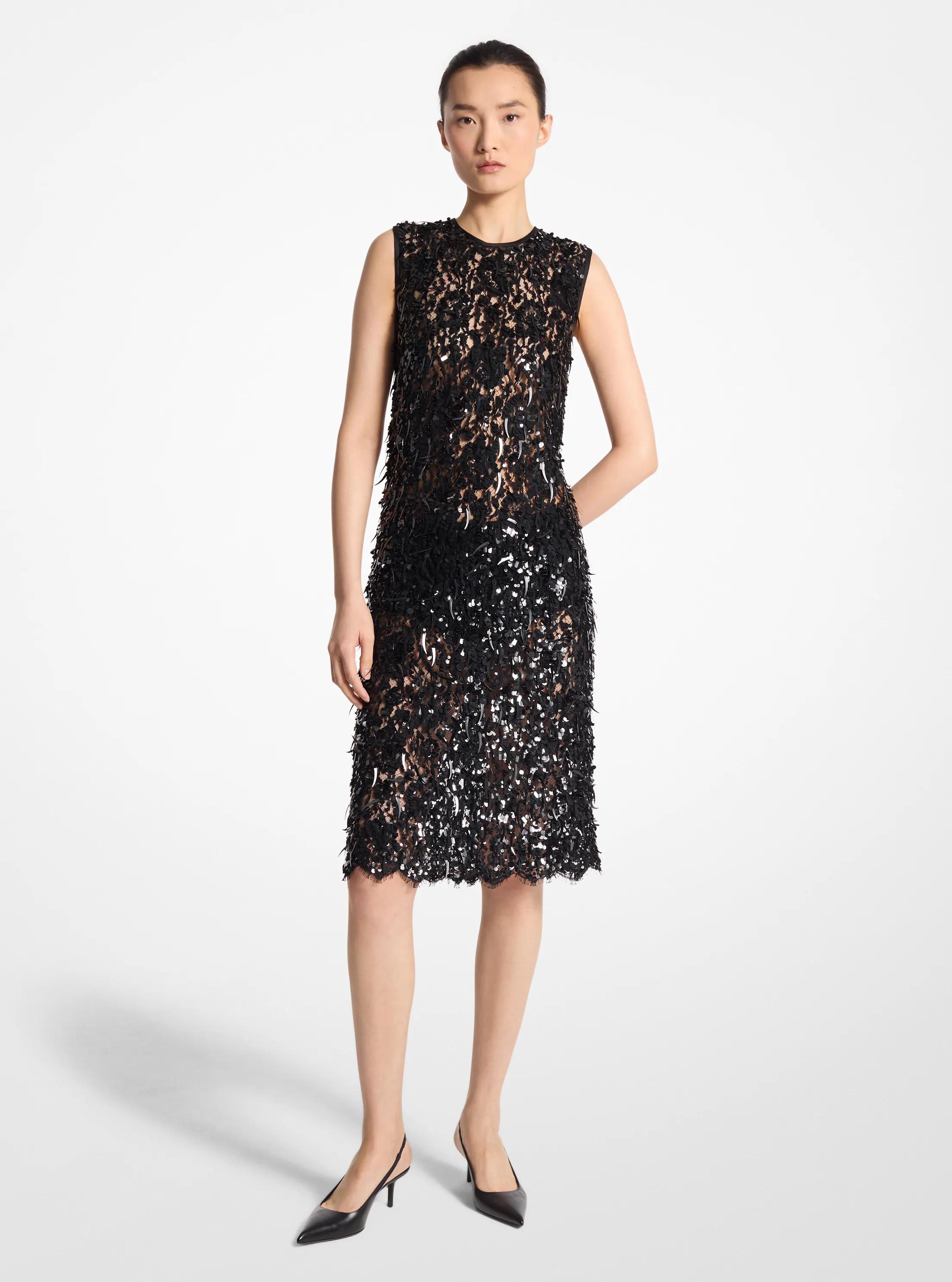Hand-Embroidered Sequin Floral Lace Sheath Dress in BLACK | Michael Kors
