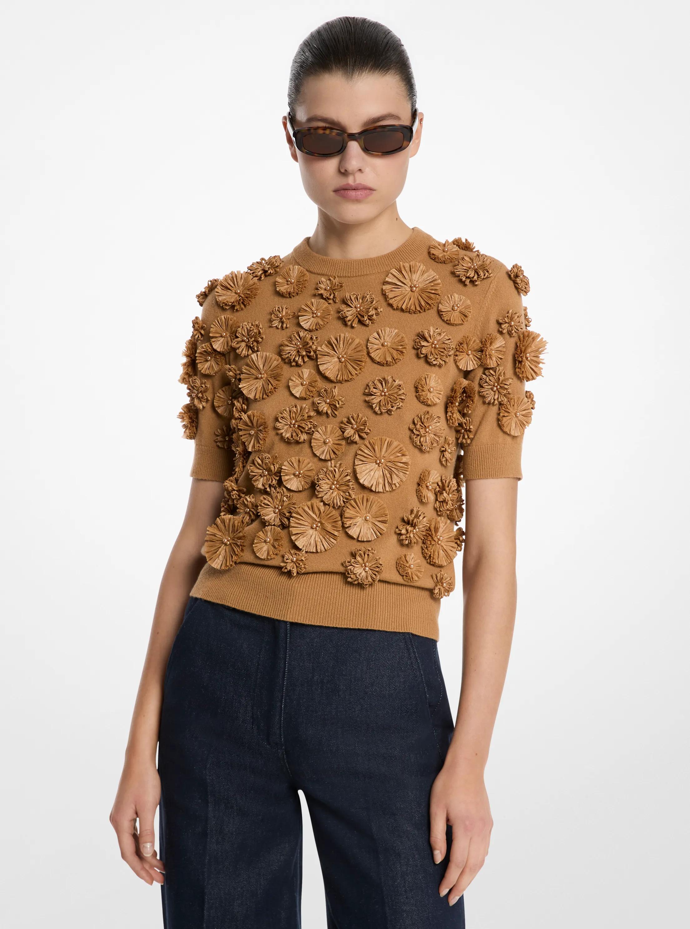 Hand-Embroidered Floral Cashmere Shell Top in PEANUT | Michael Kors