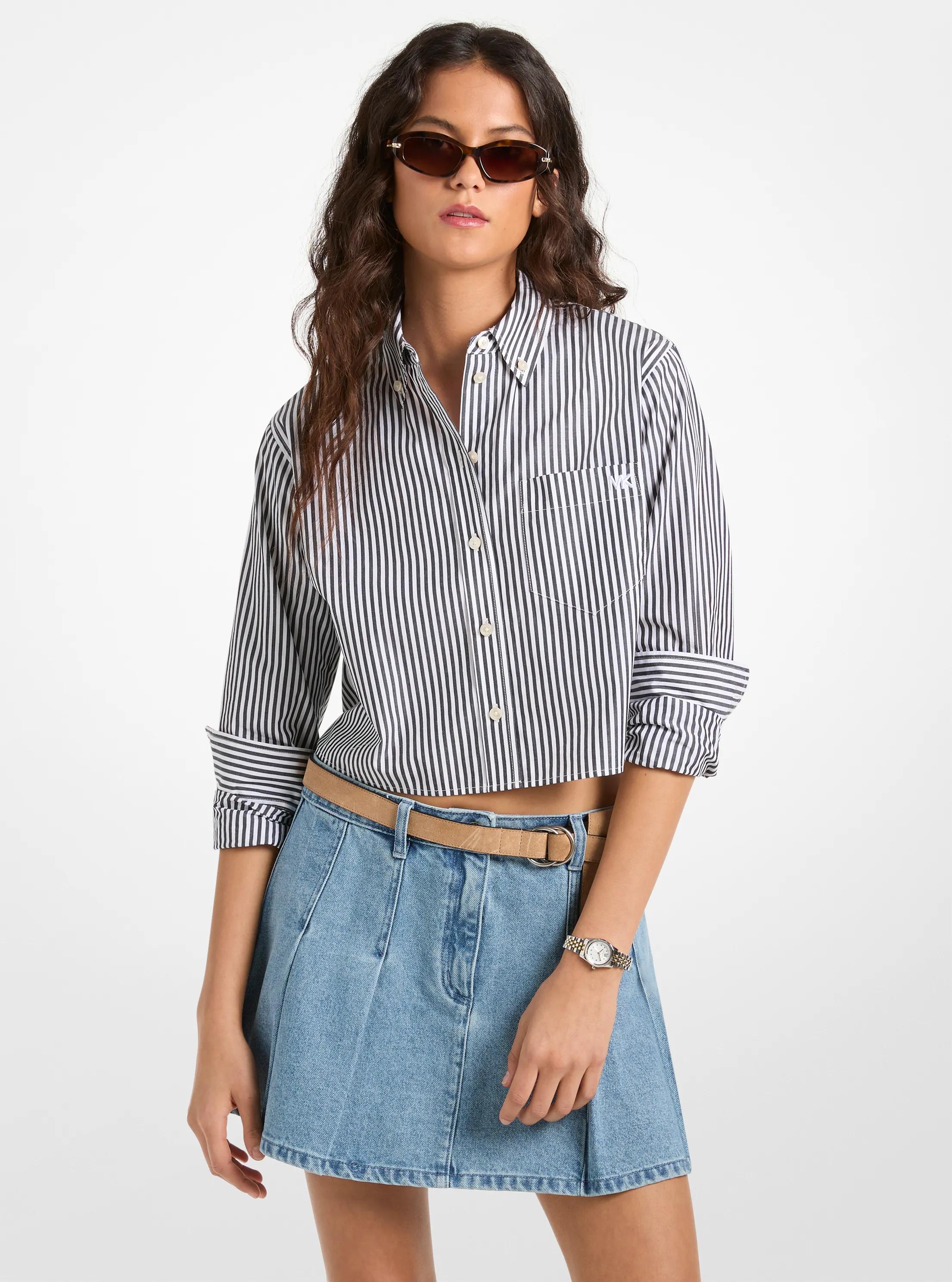 Striped Cotton Poplin Cropped Oxford Shirt in BLACK/WHITE | Michael Kors