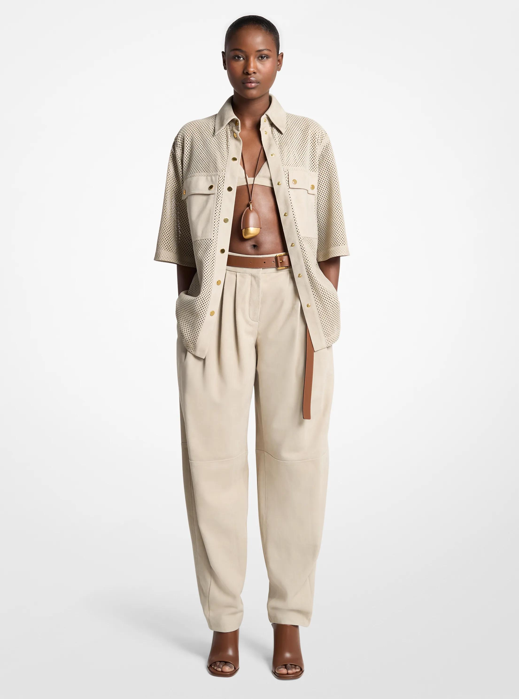 Michael Kors Pleated Suede Barrel Trousers in Natural - size 10 by Michael Kors Collection