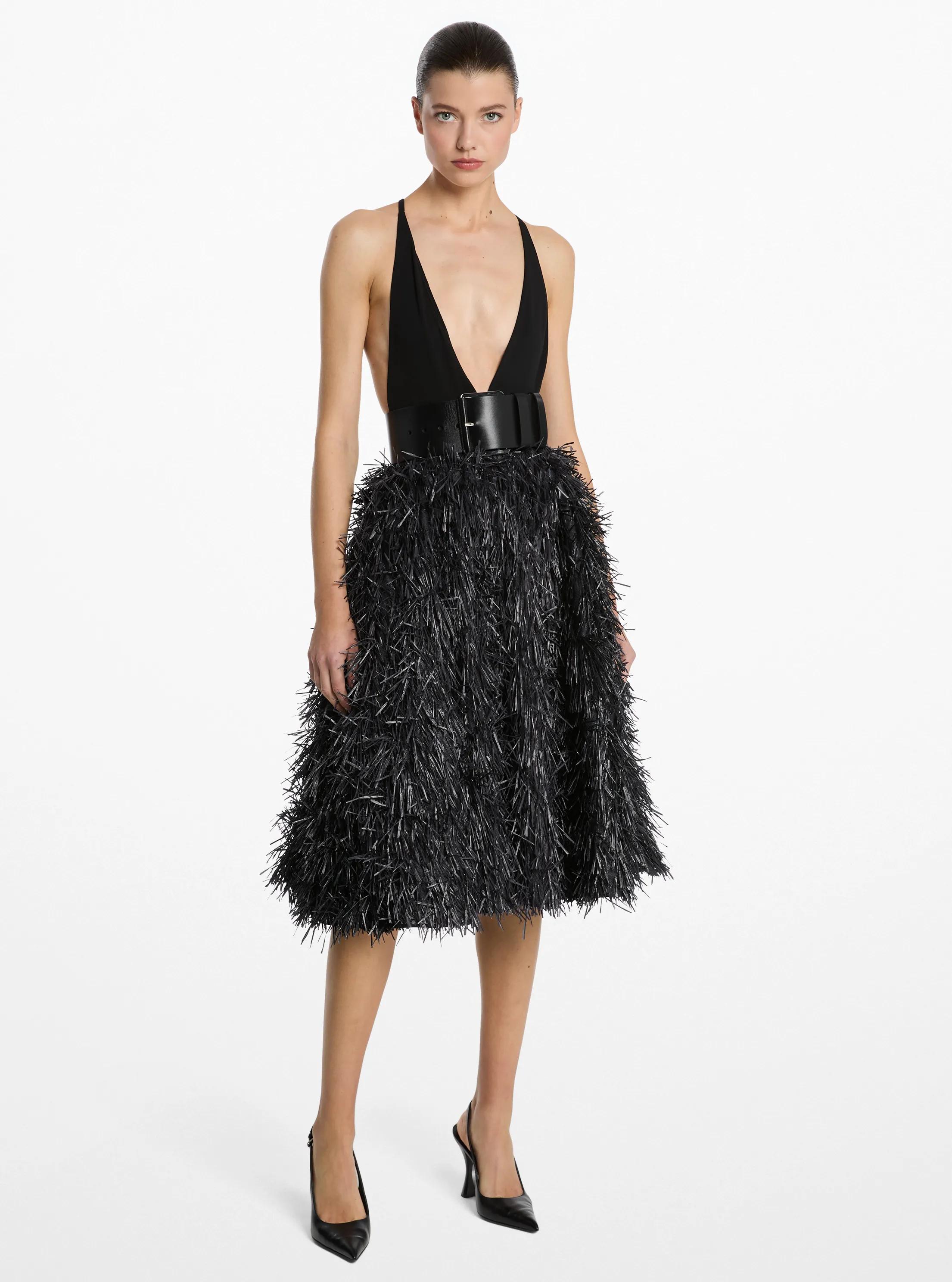 Hand-Embroidered Fringe Jacquard Circle Skirt in BLACK | Michael Kors