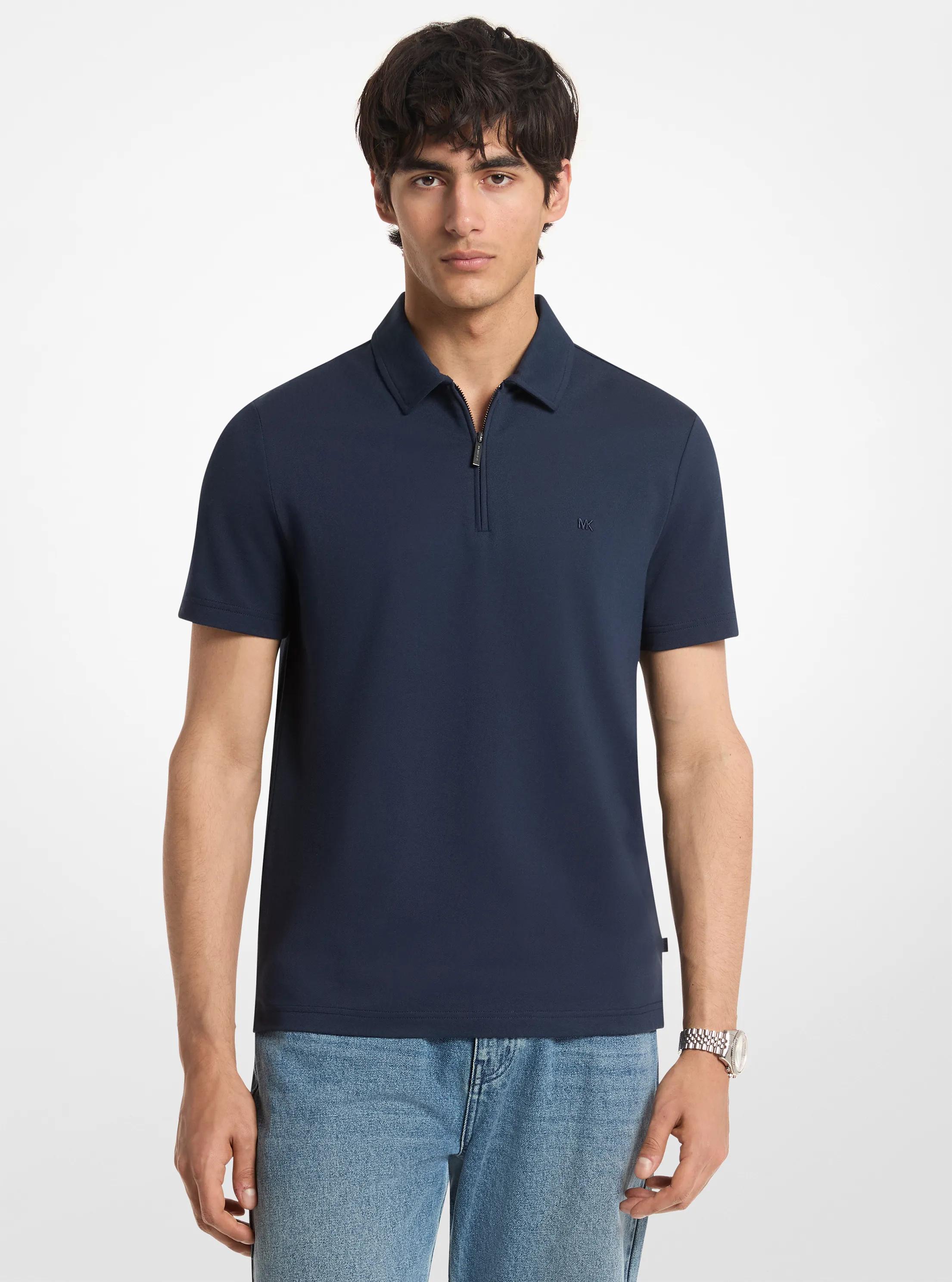 Cotton Blend Piqu&eacute; Zip-Up Polo Shirt in MIDNIGHT | Michael Kors