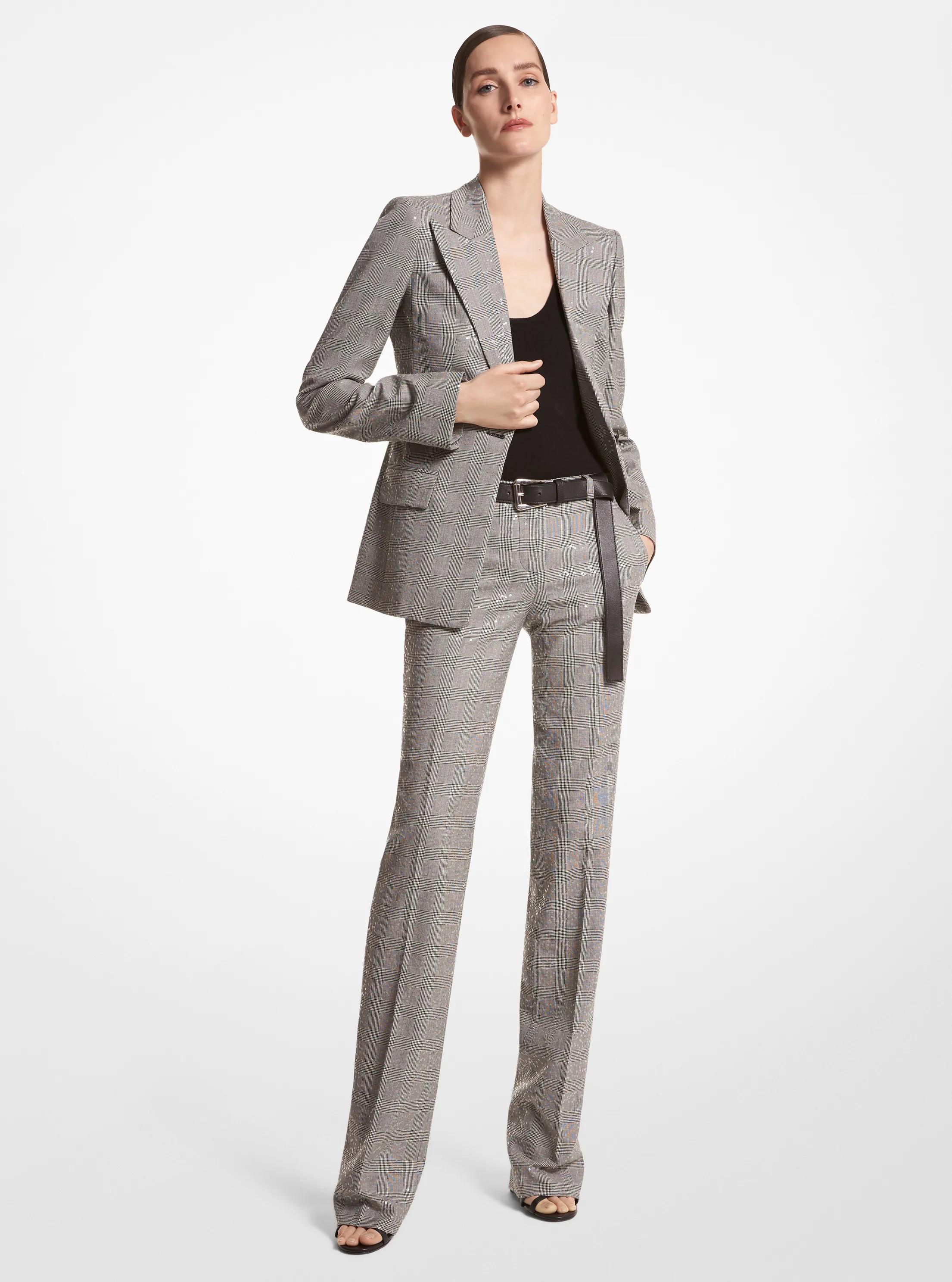 Georgina Embroidered Glen Plaid Stretch Wool Blazer in BLACK/WHITE | Michael Kors