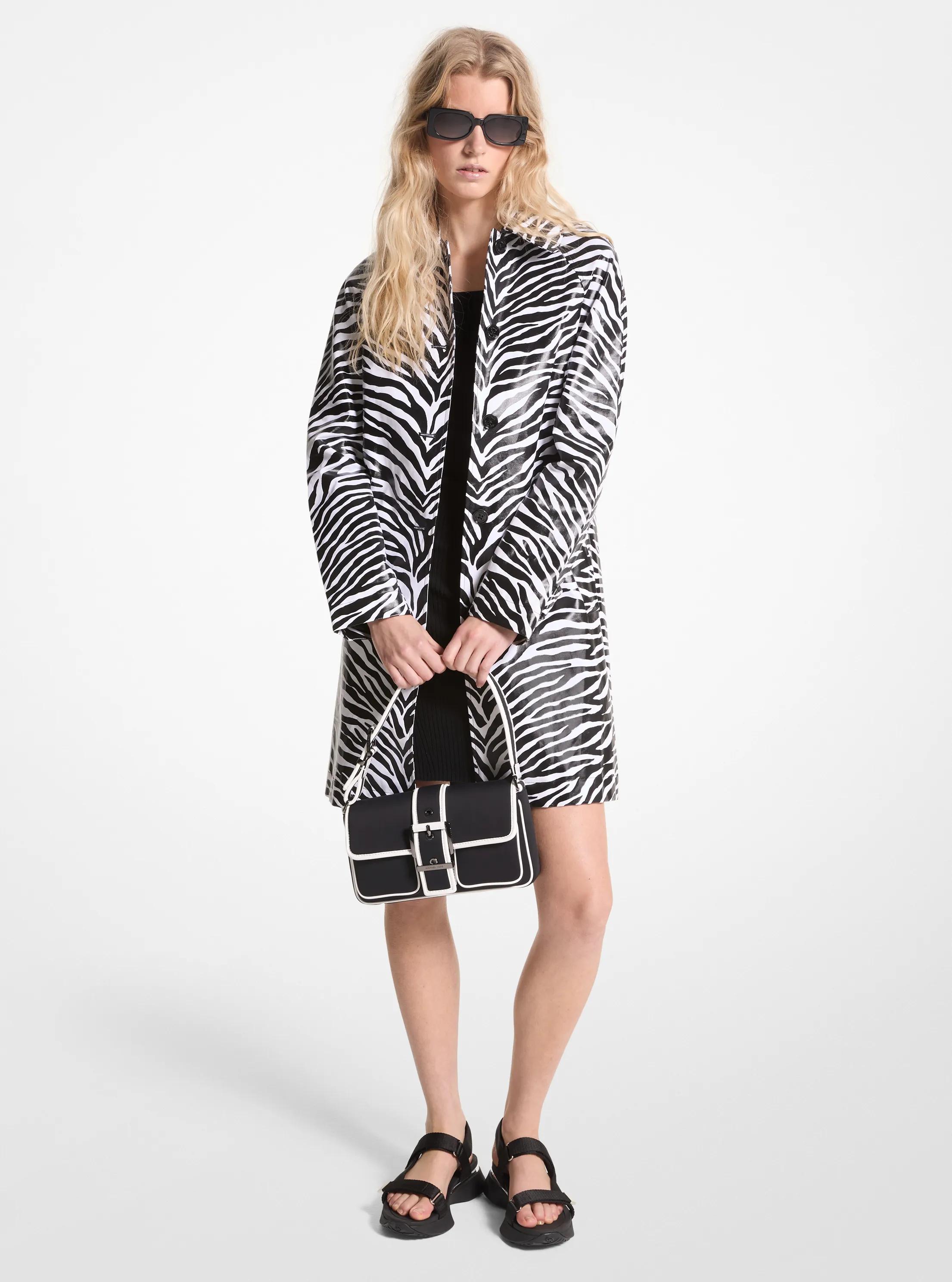 Zebra Print Cotton Twill Balmacaan in BLACK/WHITE | Michael Kors