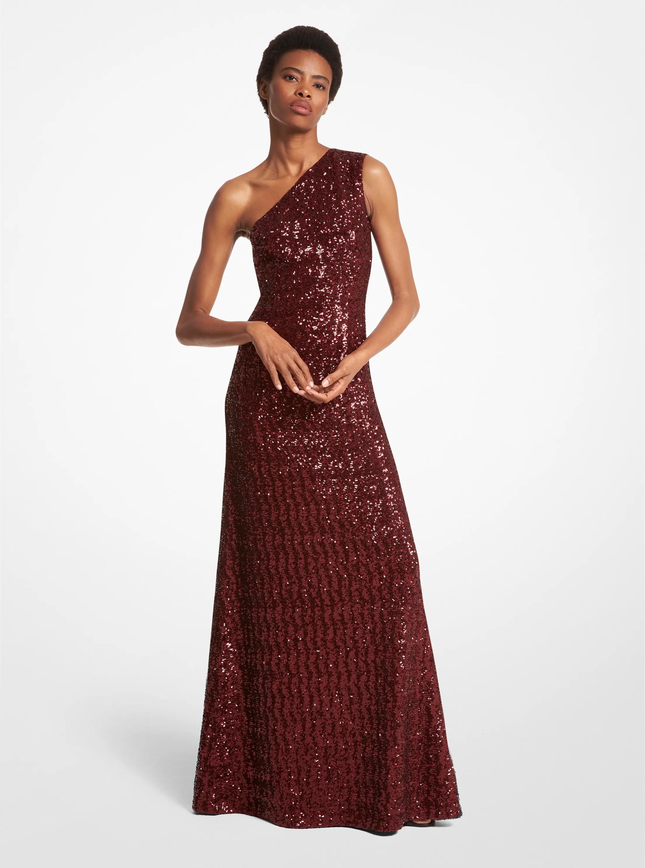Sequined Stretch Tulle One-Shoulder Gown in MERLOT | Michael Kors