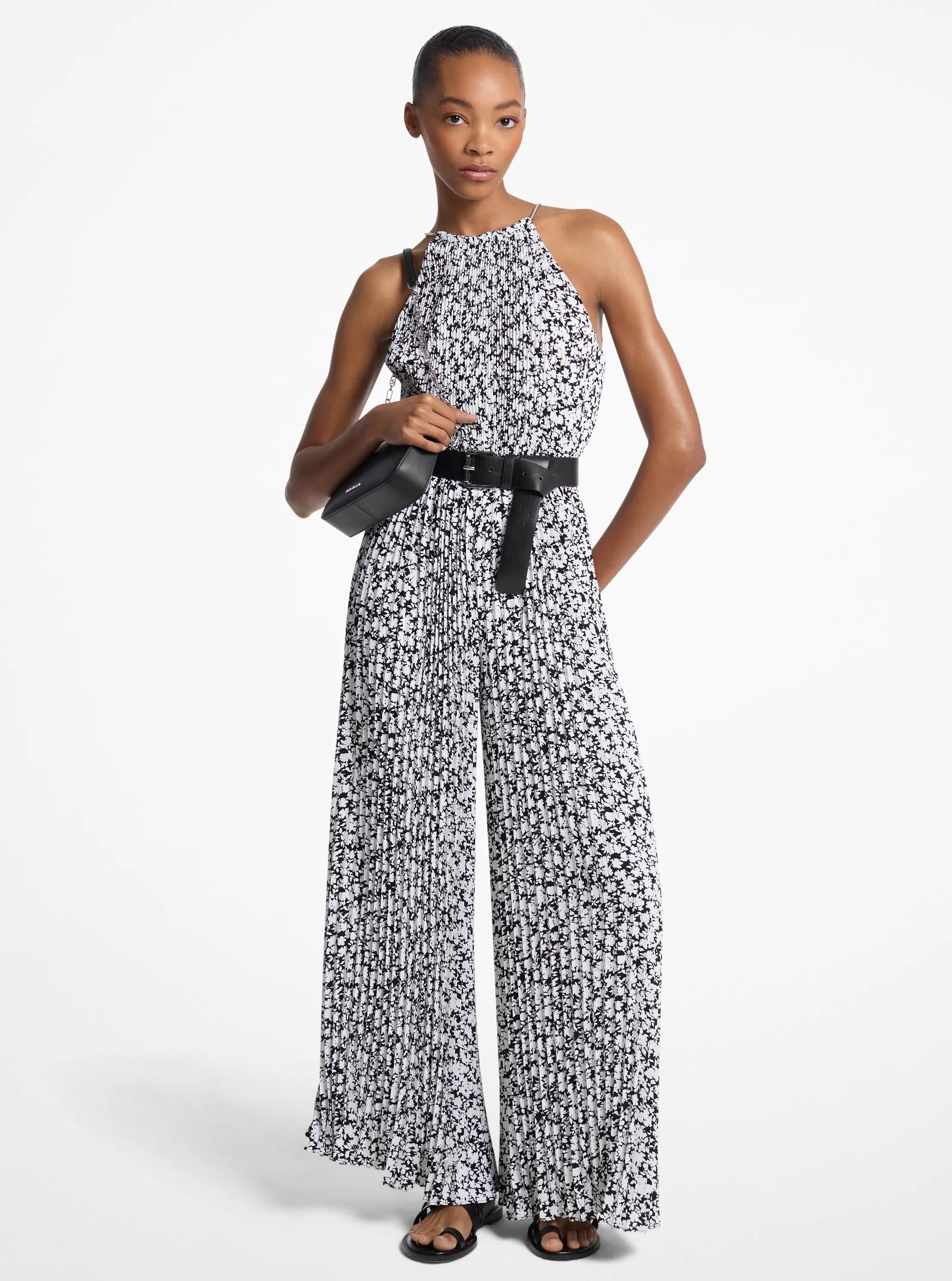 Floral Print Pleated Crepe Halter Jumpsuit in WHITE | Michael Kors