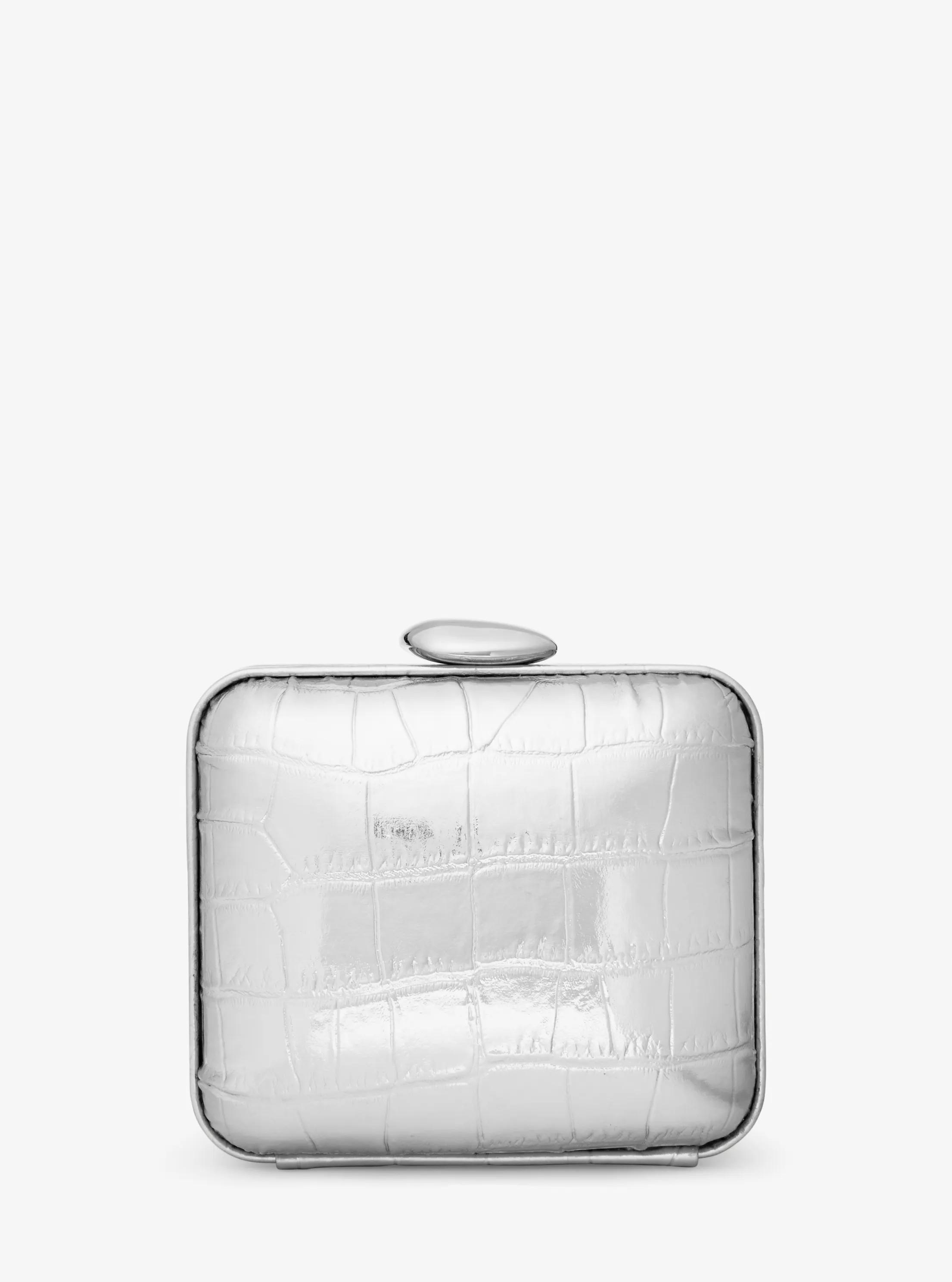 Tina Mini Metallic Python Embossed Leather Minaudie re in SILVER | Michael Kors