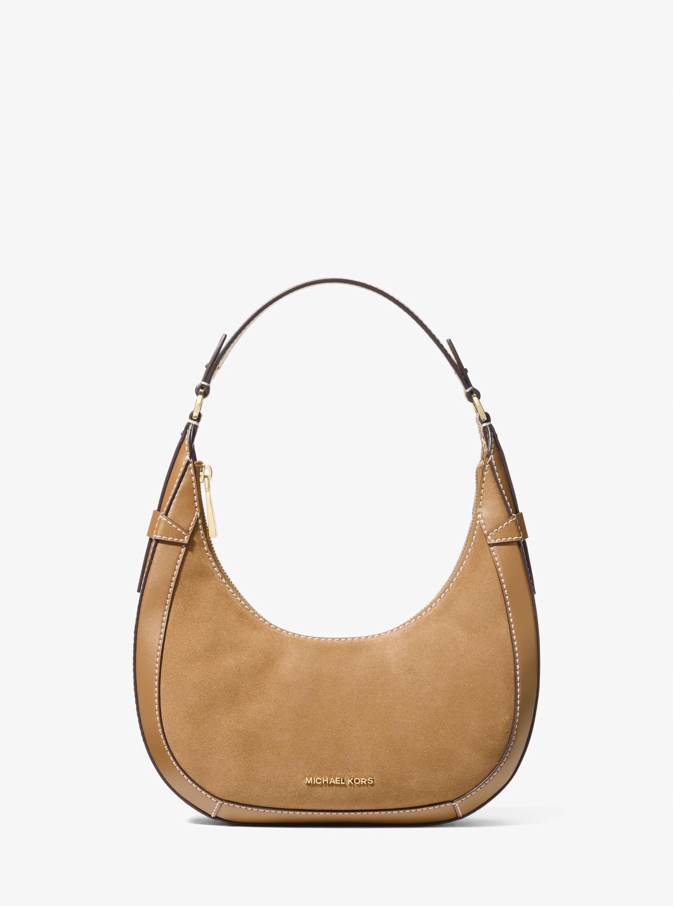 Preston Small Suede Crescent Shoulder Bag in CAMEL | Michael Kors