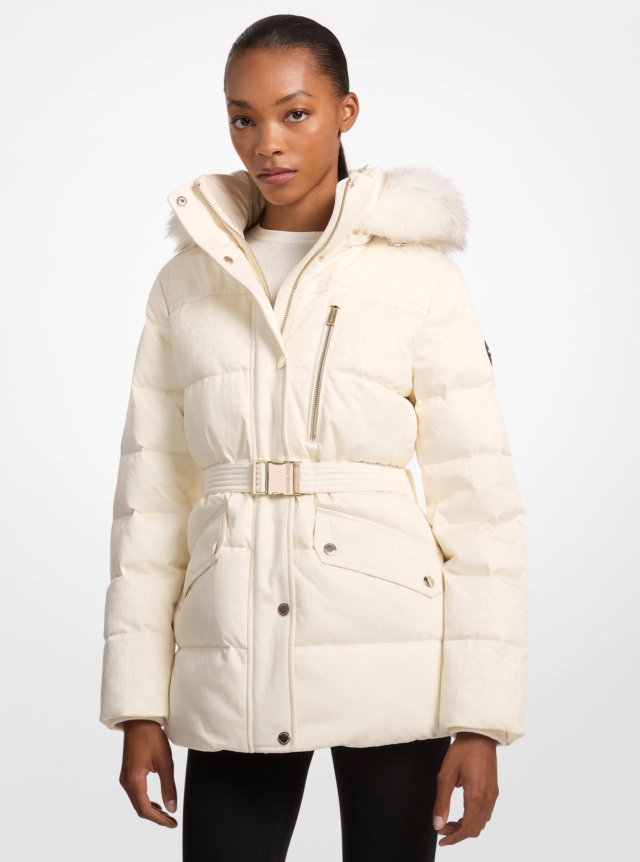 Faux Fur Trim Belted Puffer Jacket in BONE LOGO | Michael Kors