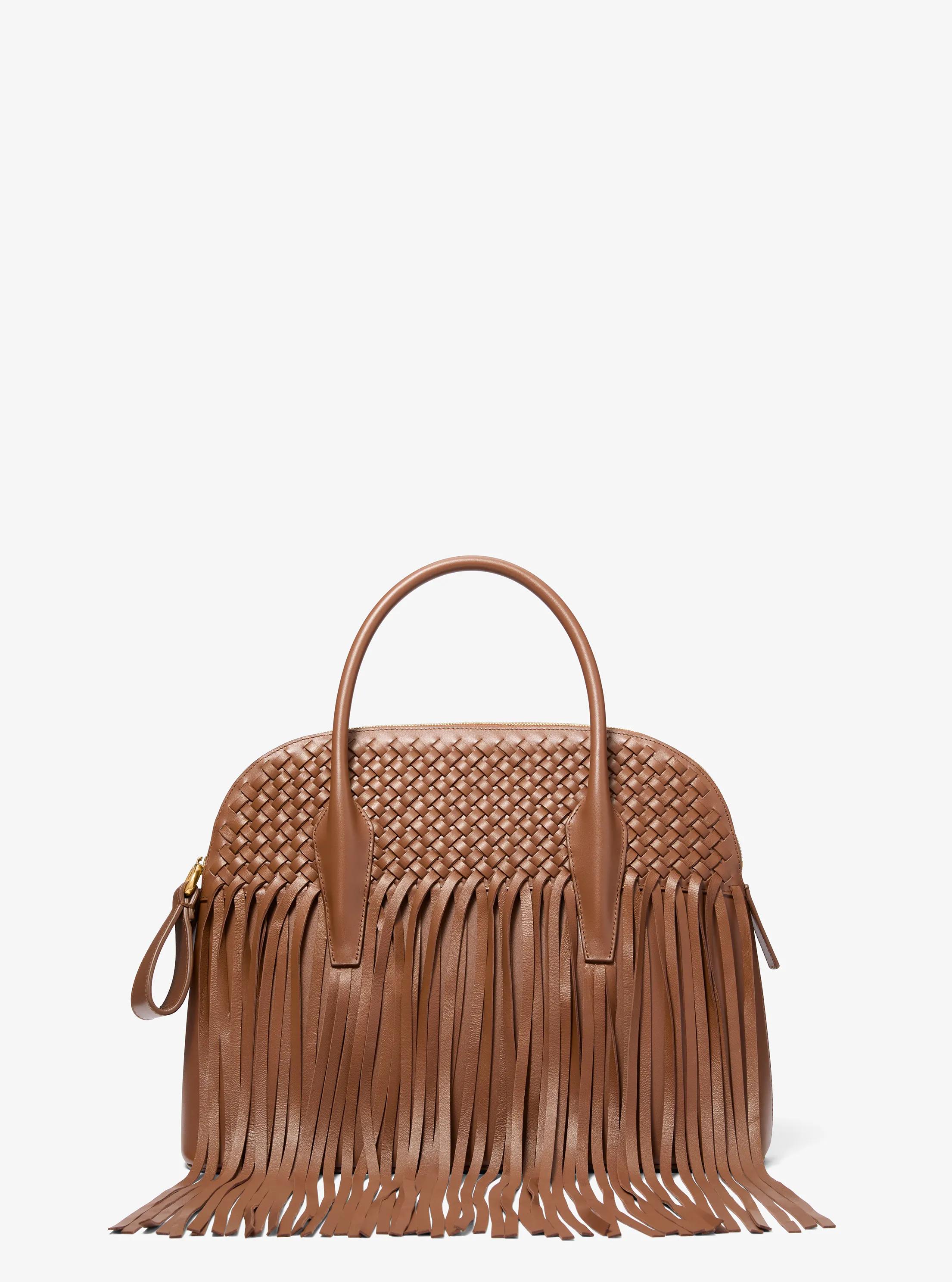 Kaitlin Large Fringed Woven Leather Dome Satchel in RAMA | Michael Kors