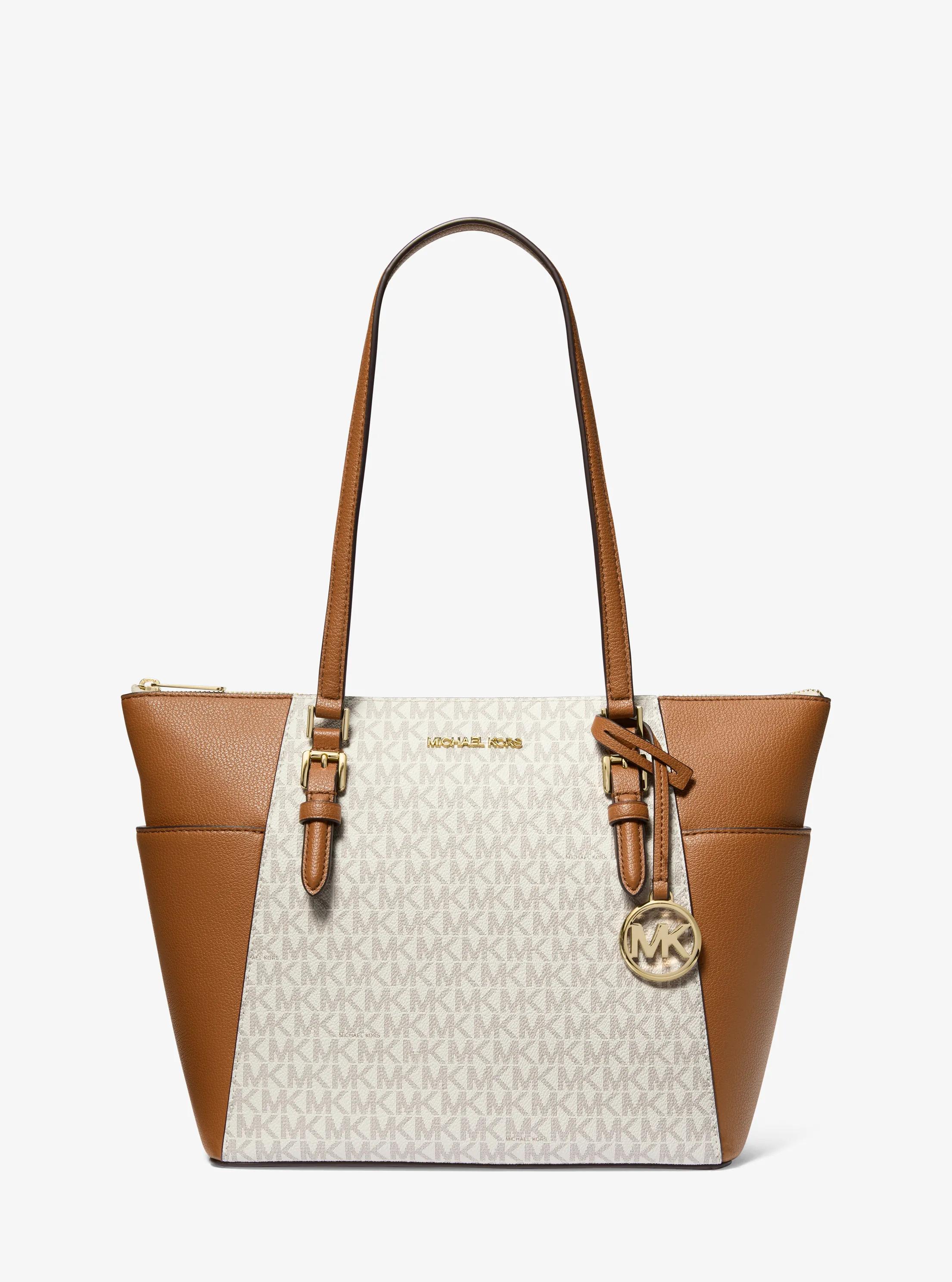 Charlotte Large Logo and Leather Top-Zip Tote Bag in VANILLA | Michael Kors