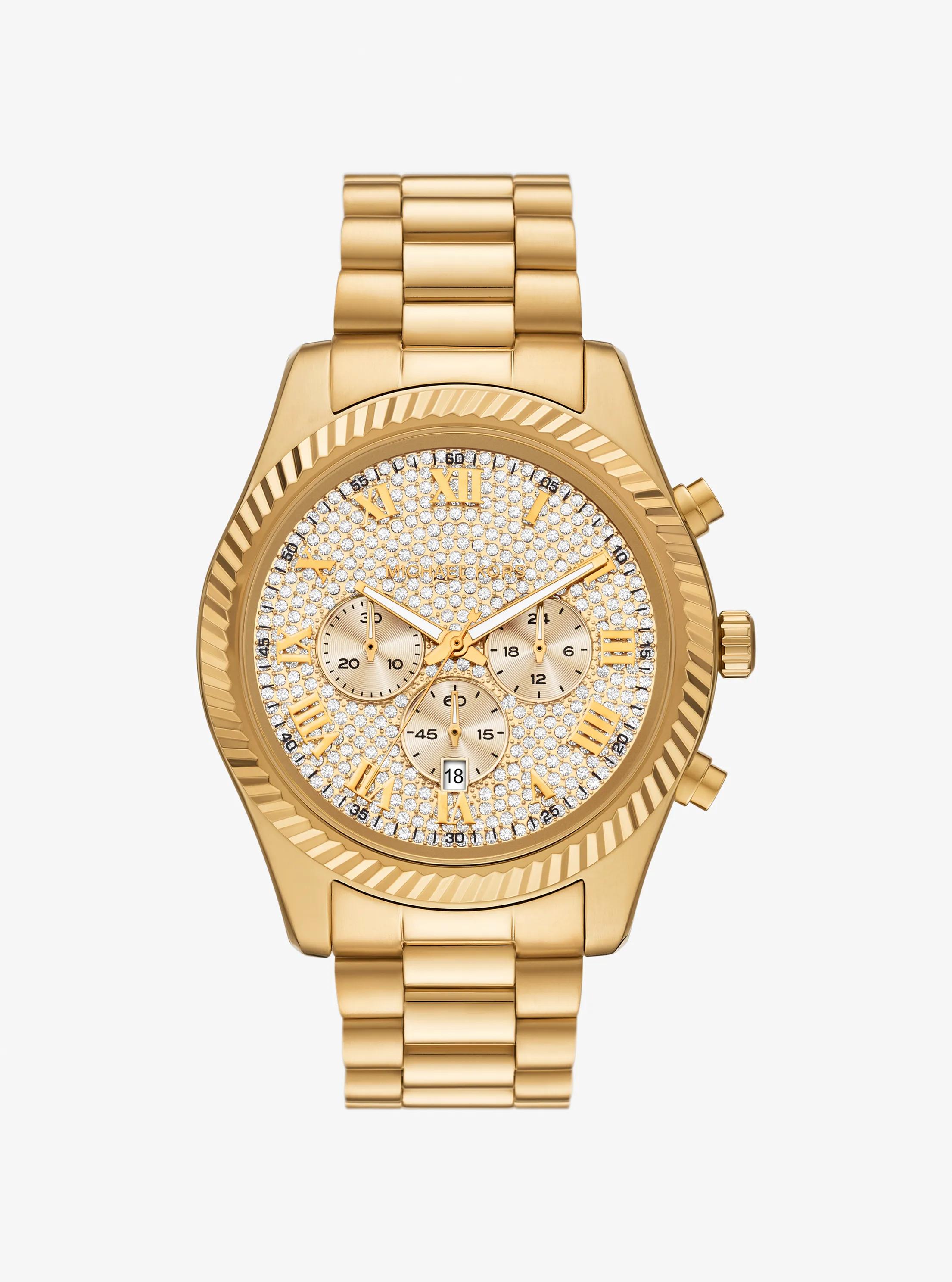 Oversized Lexington Pav&eacute; Gold-Tone Watch in GOLD | Michael Kors