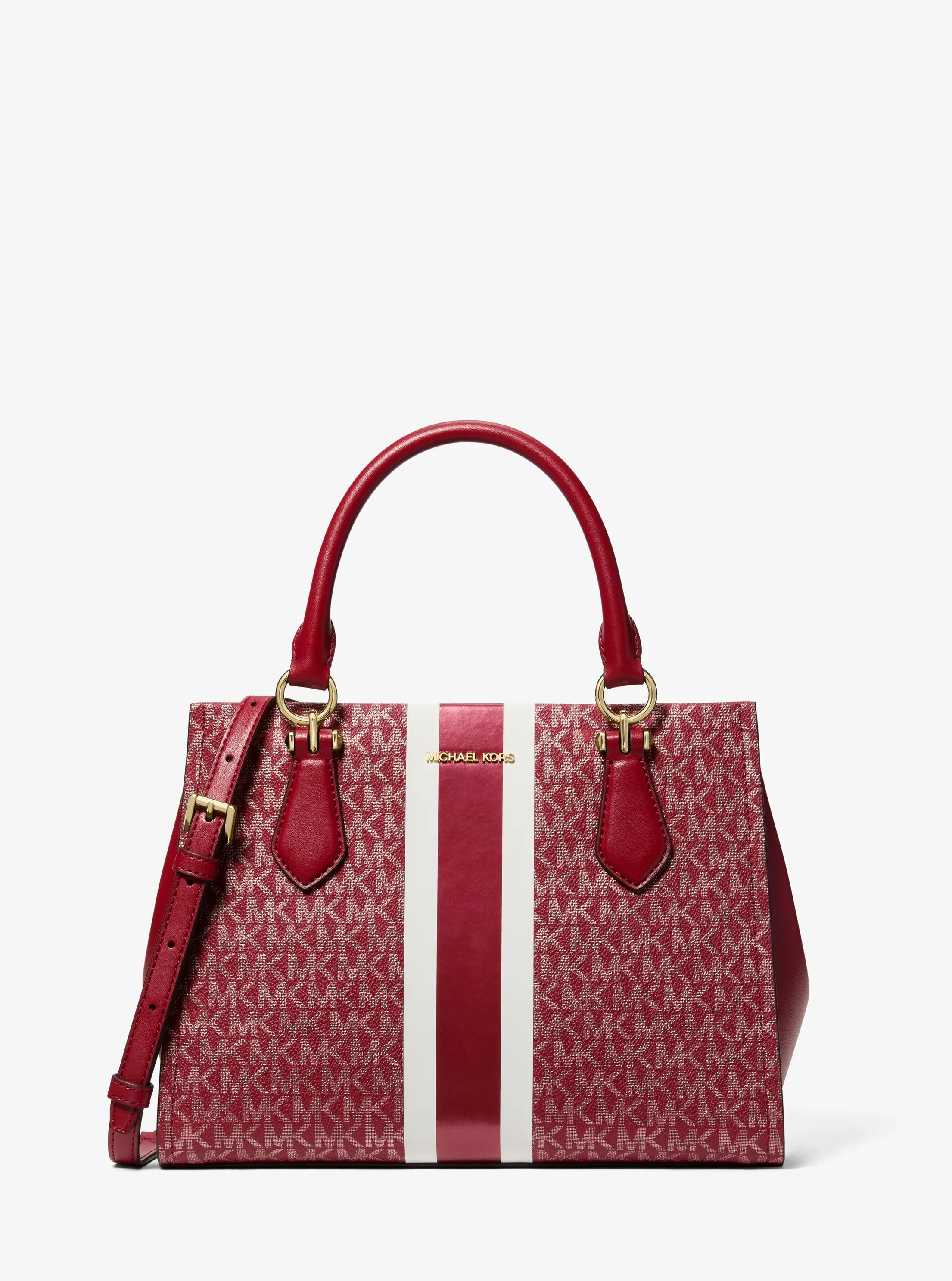 Marilyn Medium Signature Logo Stripe Satchel in CHERRY | Michael Kors