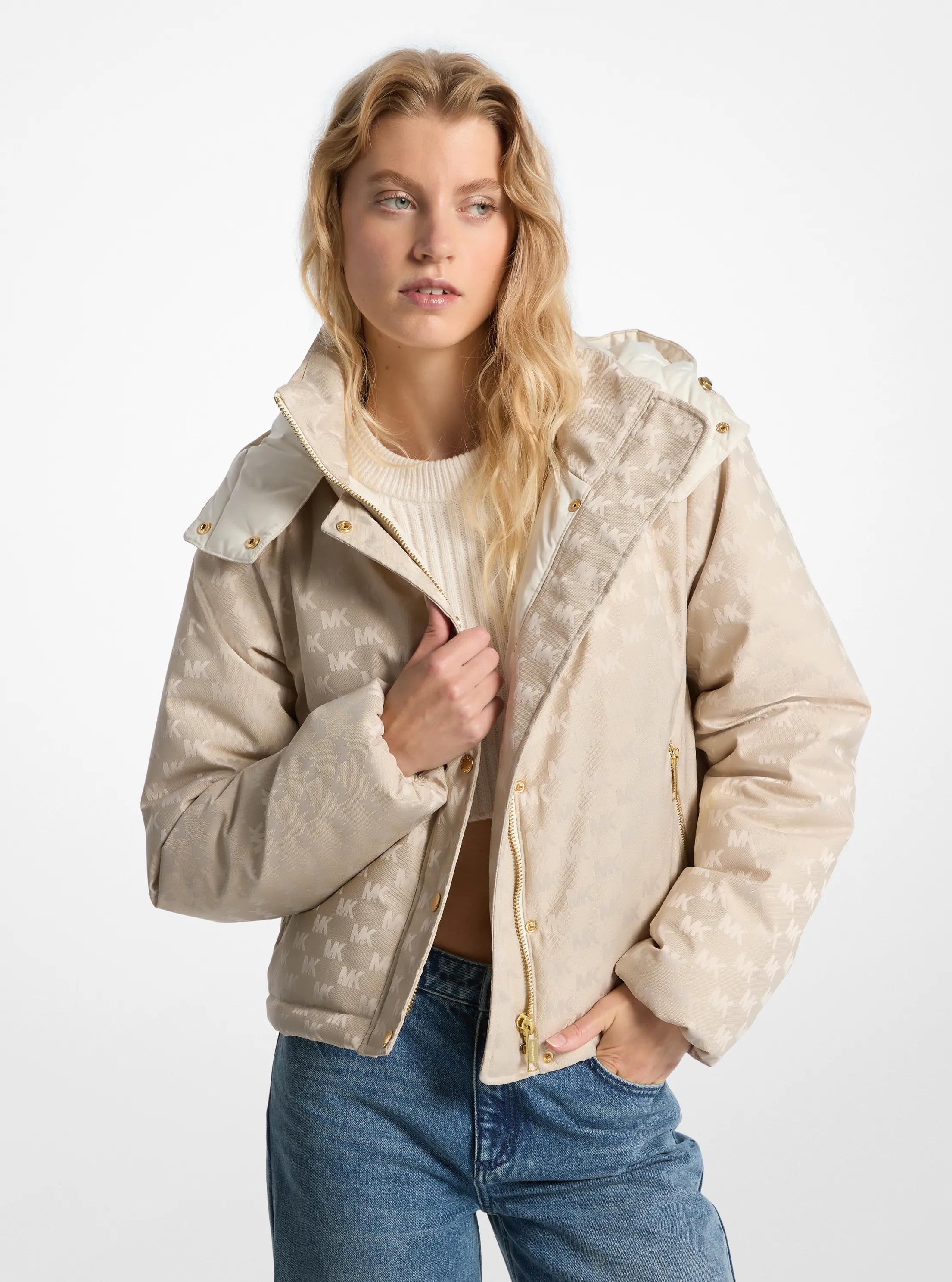 Logo Jacquard Hooded Puffer Jacket in NATURAL | Michael Kors
