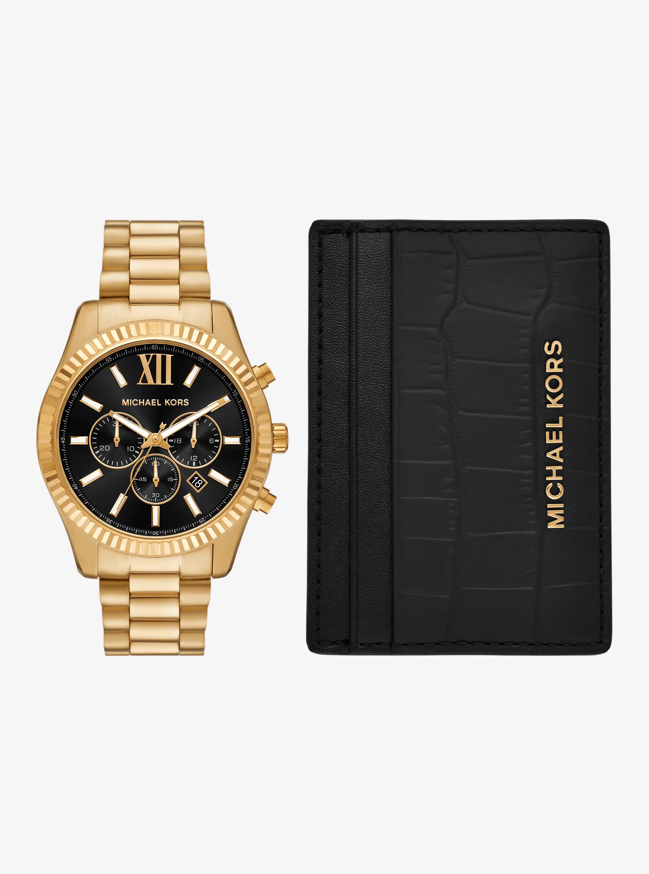 Michael Kors Oversized Lexington Gold-tone Watch And Crocodile Embossed Leather Card Case Gift Set