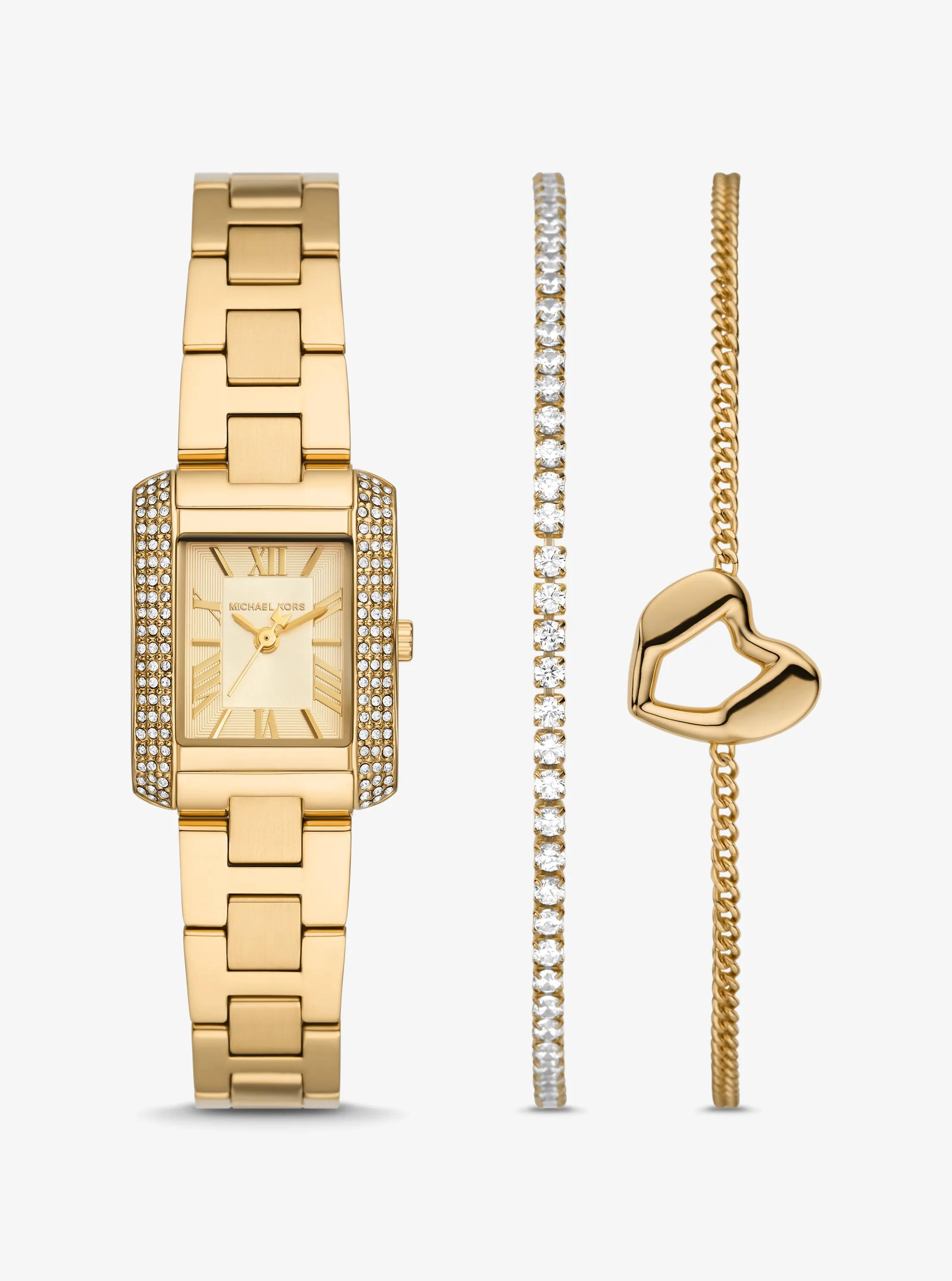 MK Coffret cadeau mini-montre et bracelets Emery dorés avec pierres pavées - Or - Michael Kors