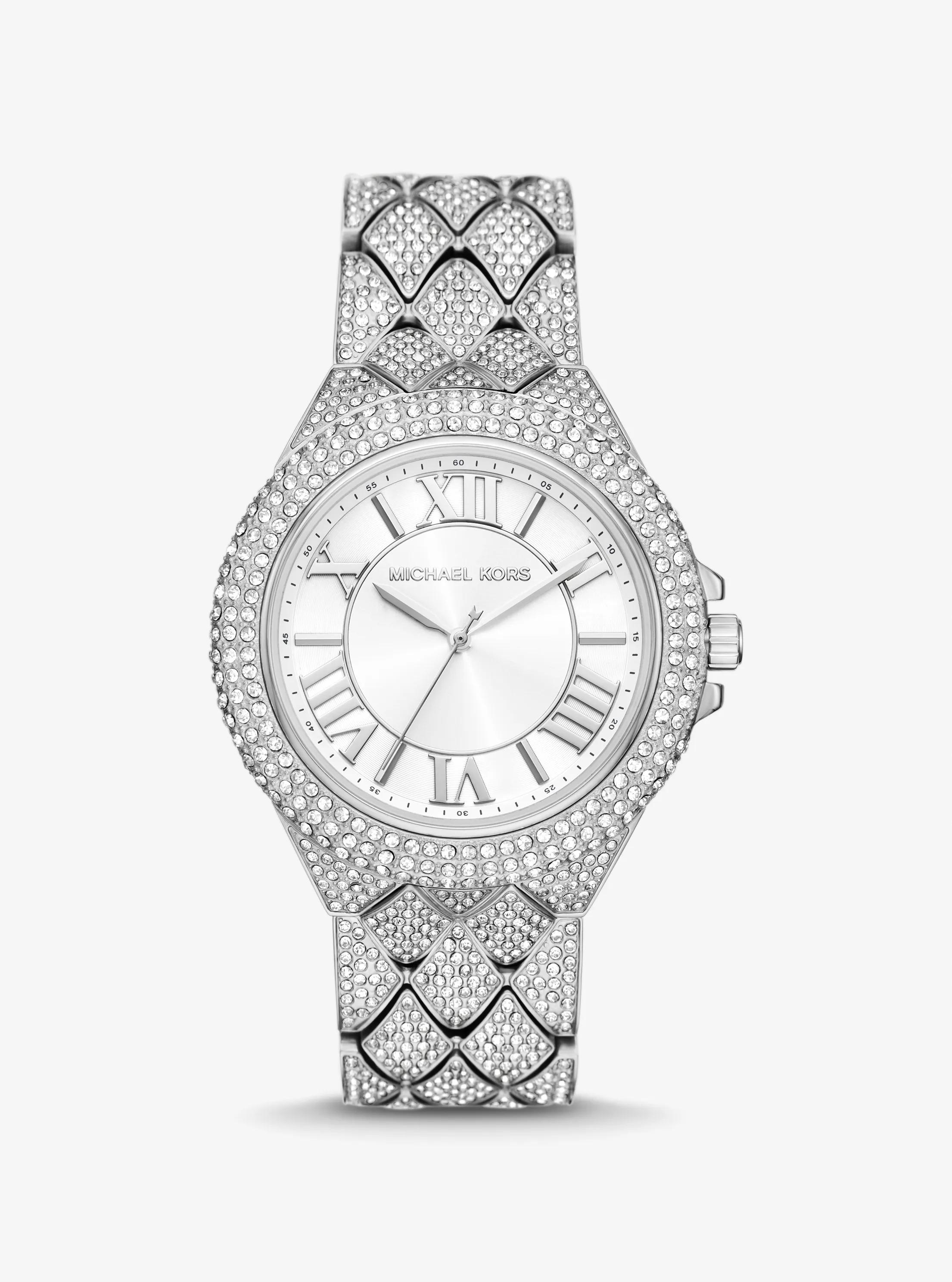 Oversized Camille Pav&eacute; Silver-Tone Watch in SILVER | Michael Kors