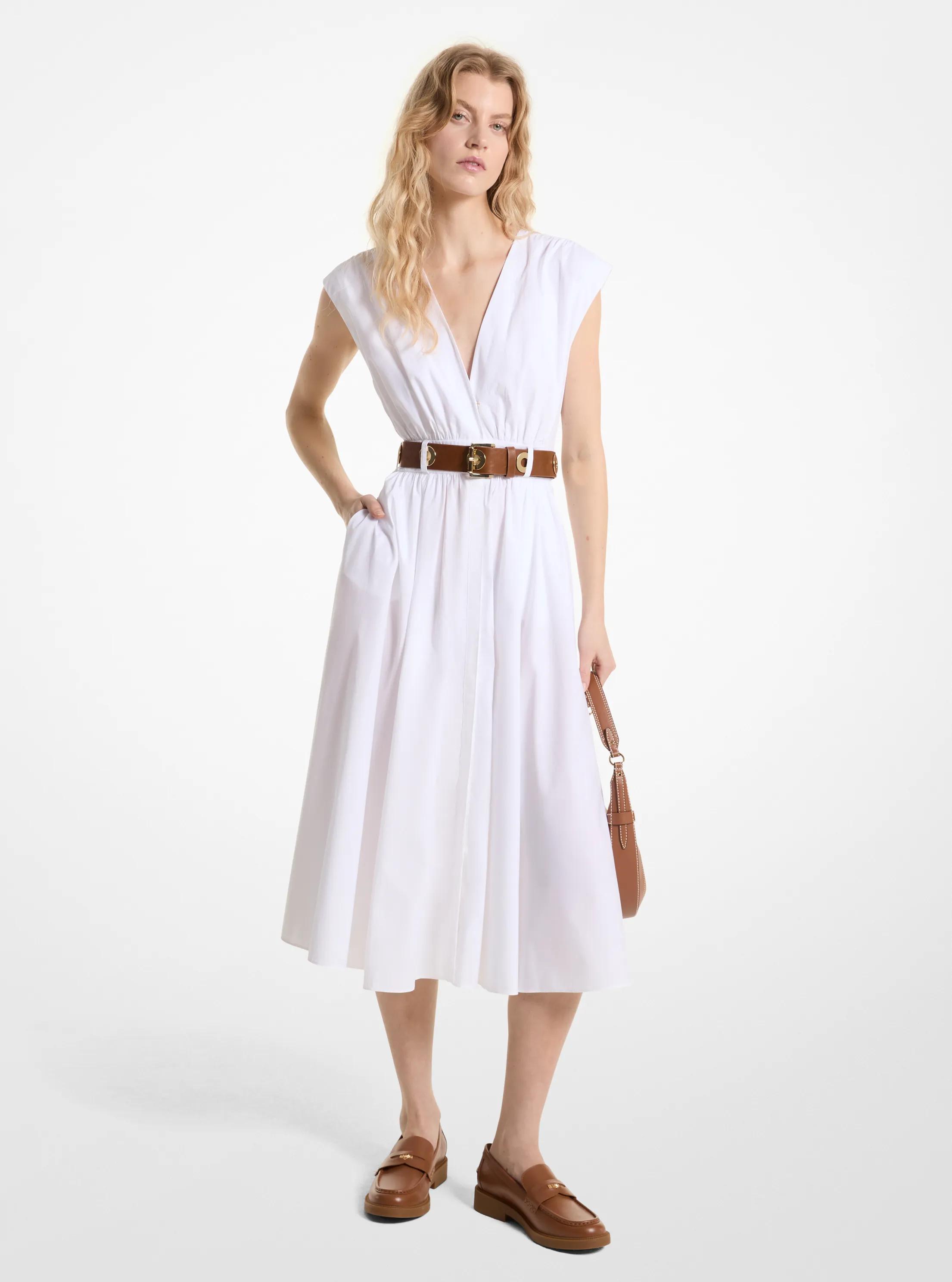 Stretch Organic Cotton Poplin Midi Dress in WHITE | Michael Kors