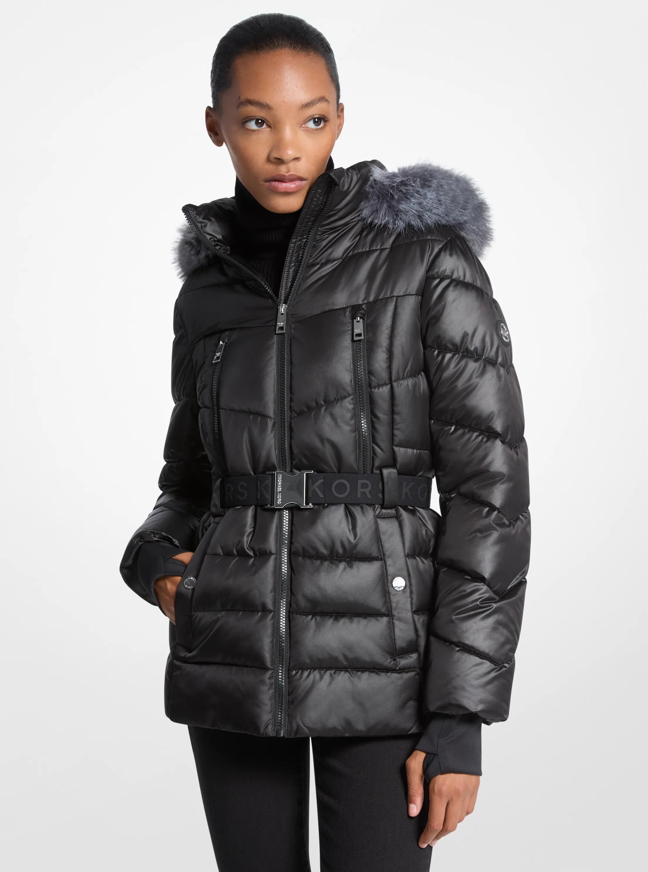 Faux Fur Trim Belted Puffer Jacket in BLACK | Michael Kors