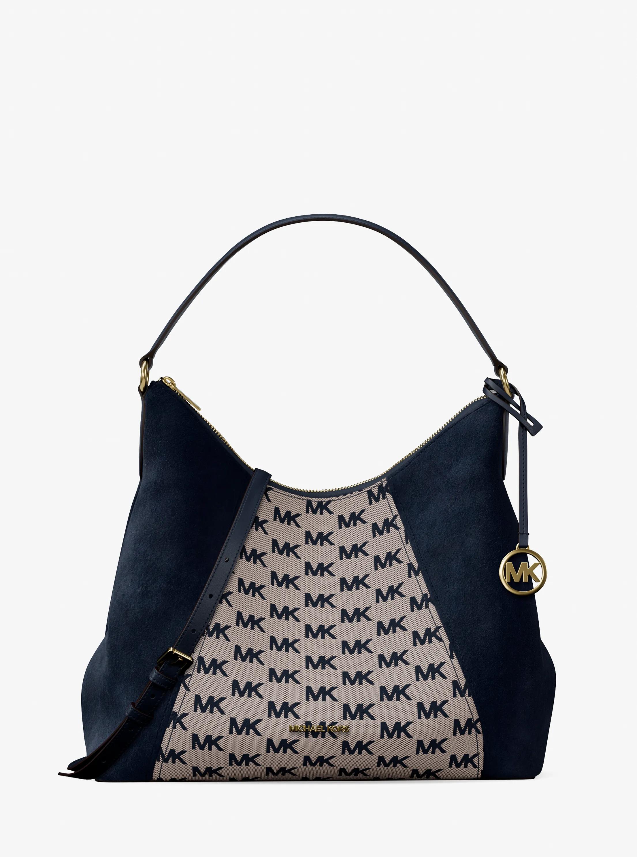Sienna Large Logo Jacquard and Suede Convertible Shoulder Bag in NAVY | Michael Kors