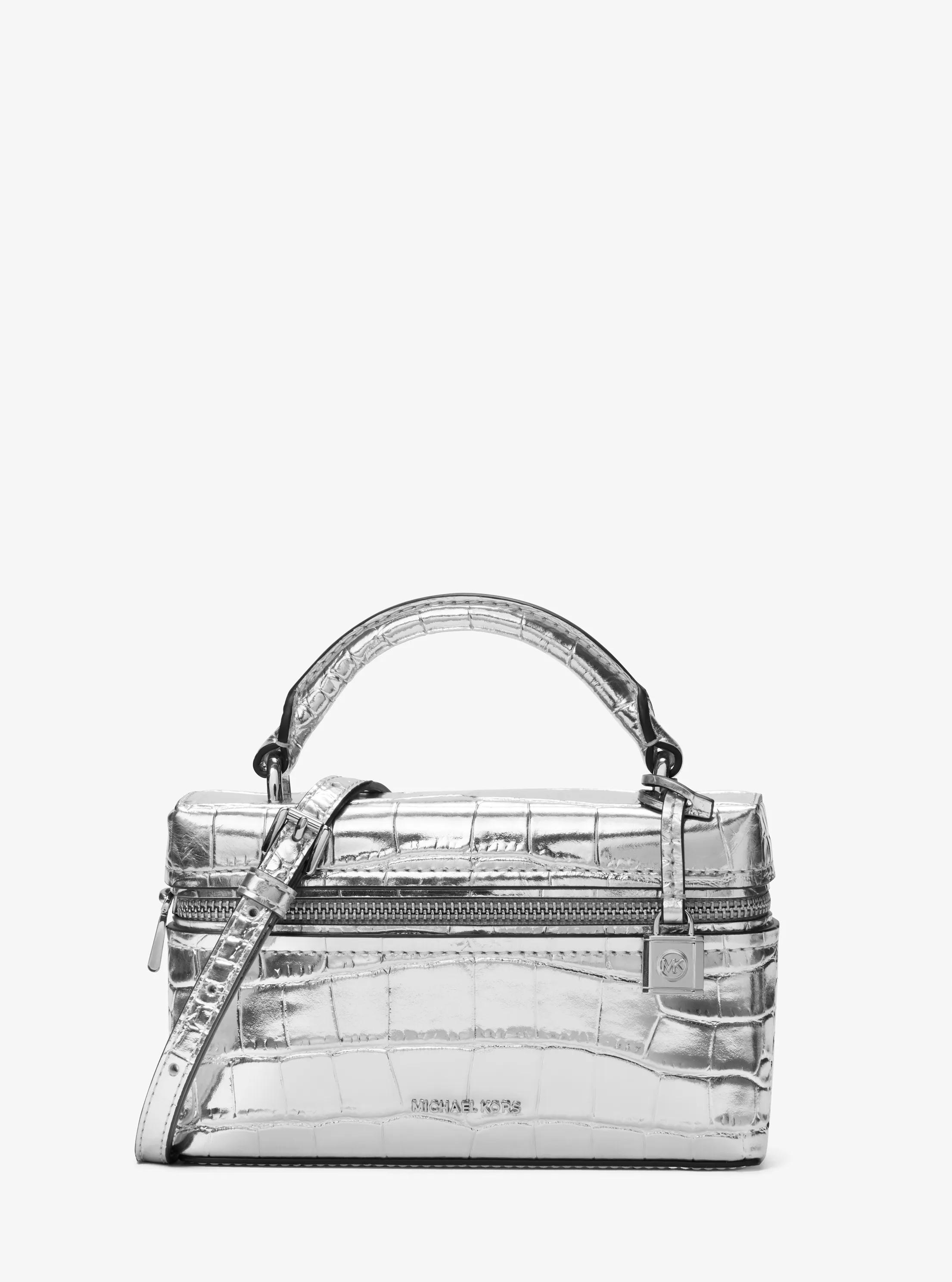 Jana Extra-Small Metallic Crocodile Embossed Leather Convertible Crossbody Bag in SILVER | Michael Kors
