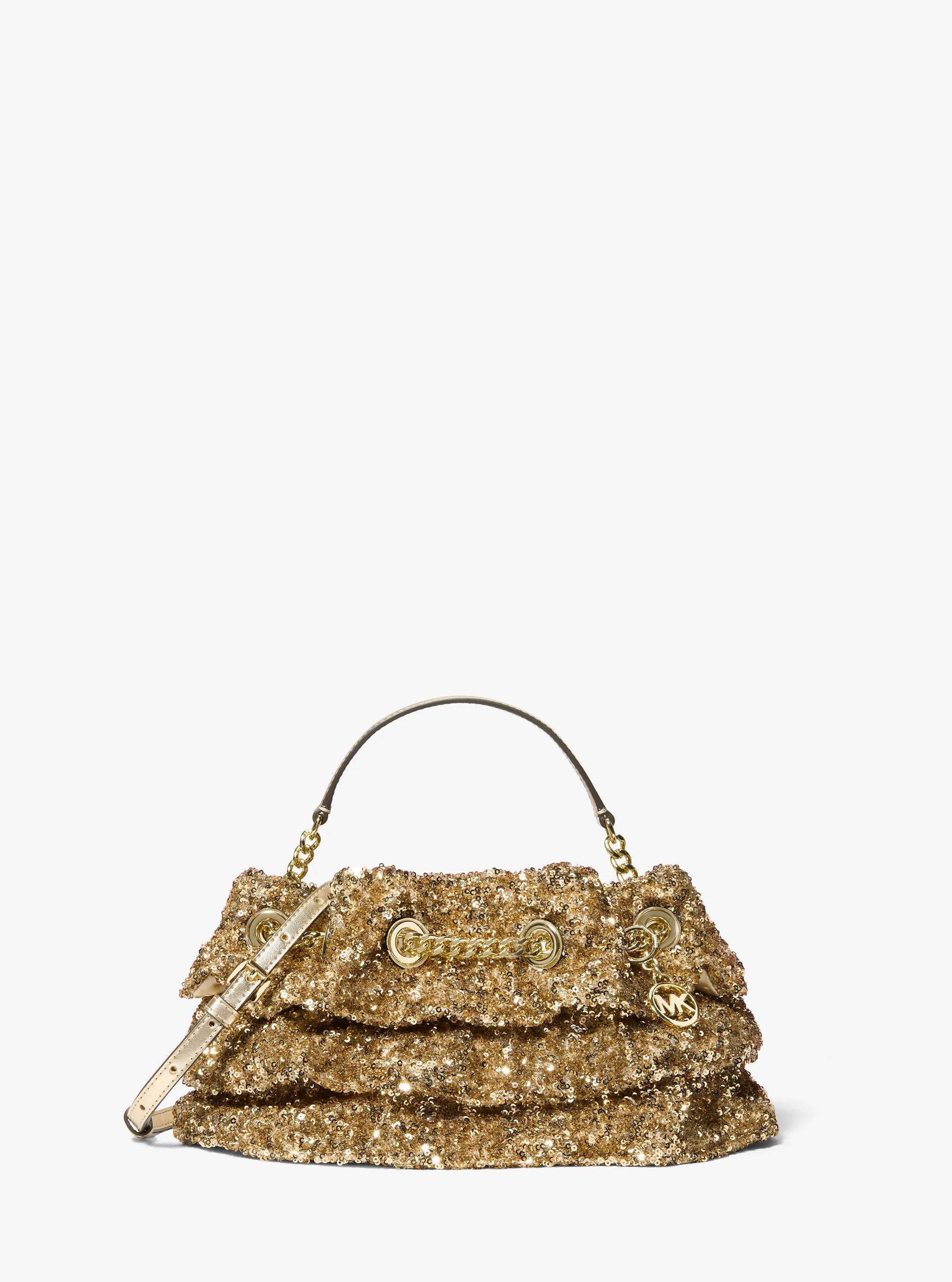 Mina Small Sequin Embellished Convertible Pochette in PALE GOLD | Michael Kors