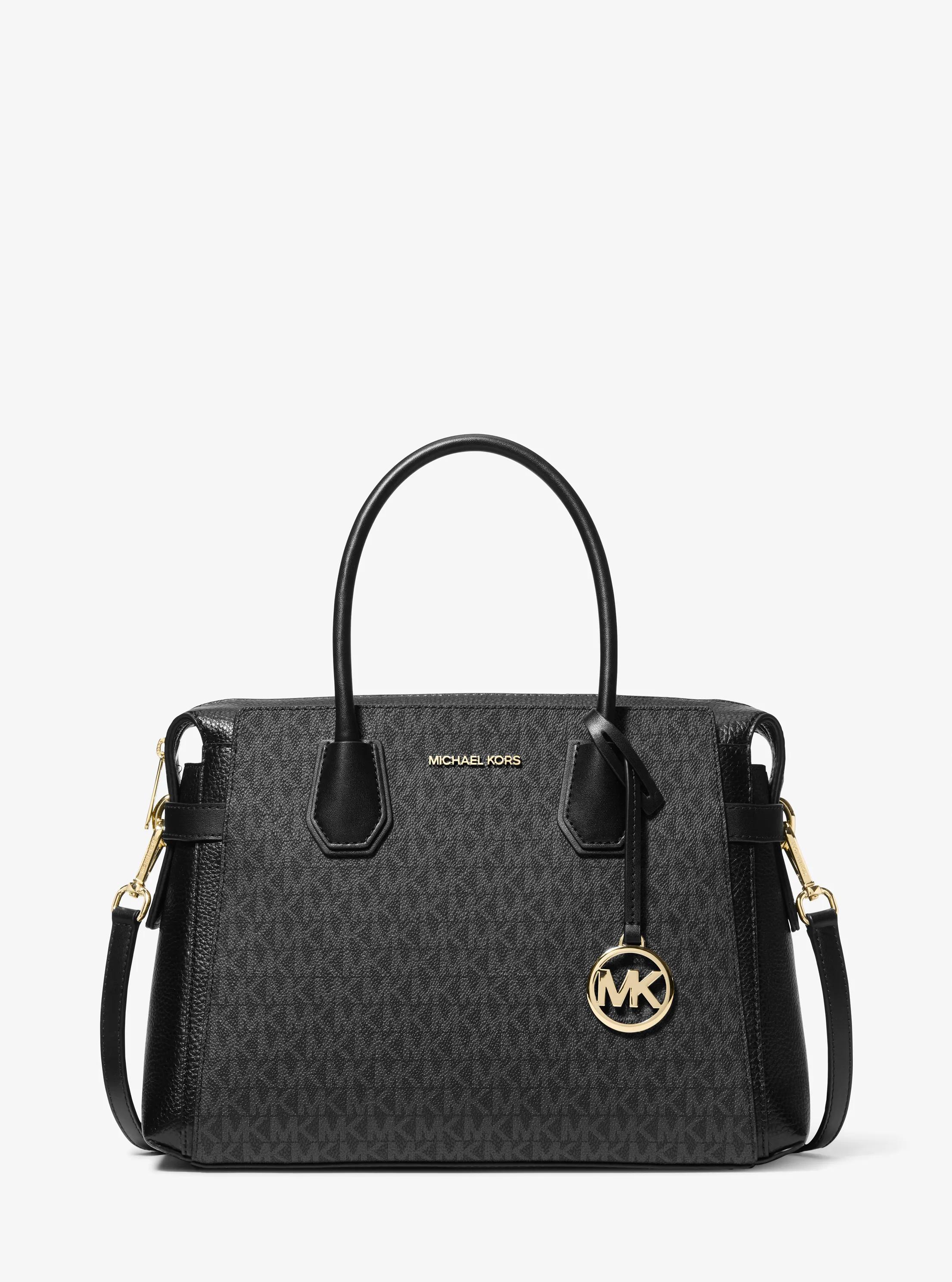 Mercer Medium Signature Logo and Leather Belted Satchel in BLACK | Michael Kors