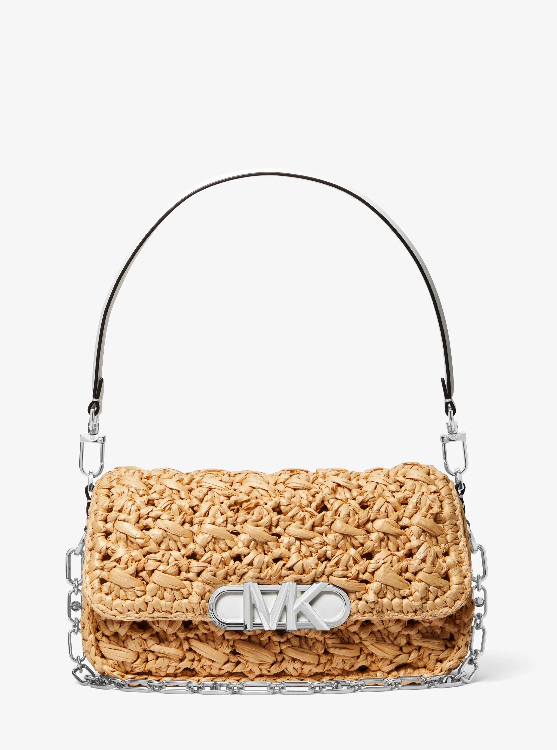 Parker Medium Woven Straw Shoulder Bag in NAT/OPTICWHT | Michael Kors