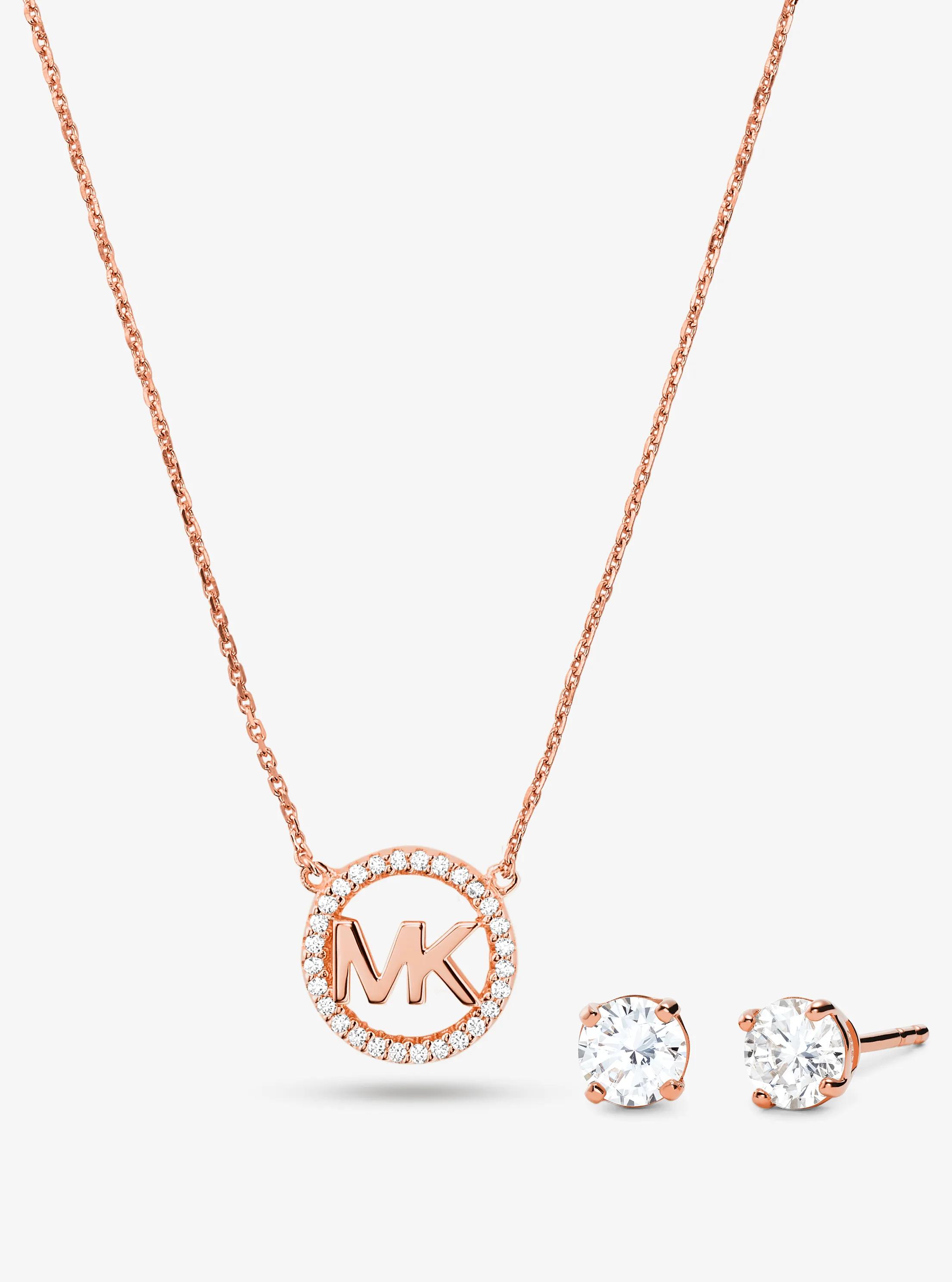 14K Rose Gold-Plated Sterling Silver Pav&eacute; Logo Charm Necklace and Stud Earrings Set in ROSE GOLD | Michael Kors