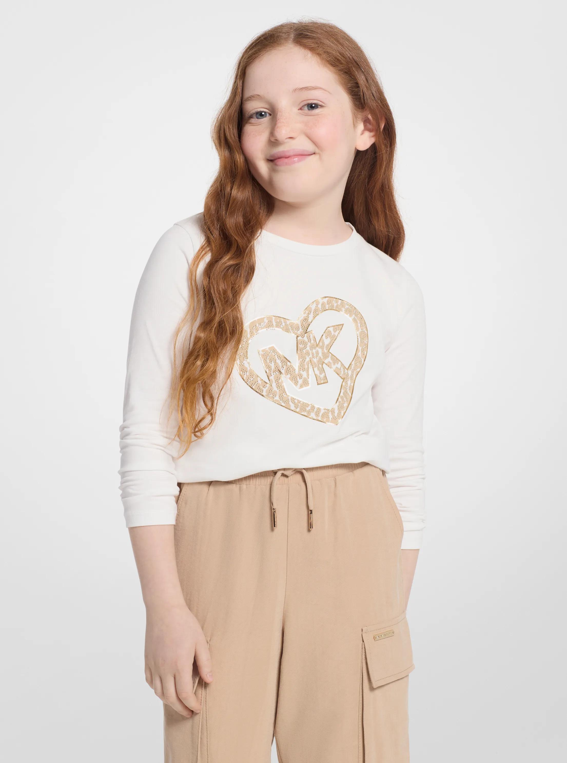 Studded Logo Heart Long-Sleeve T-Shirt in OFF WHITE | Michael Kors