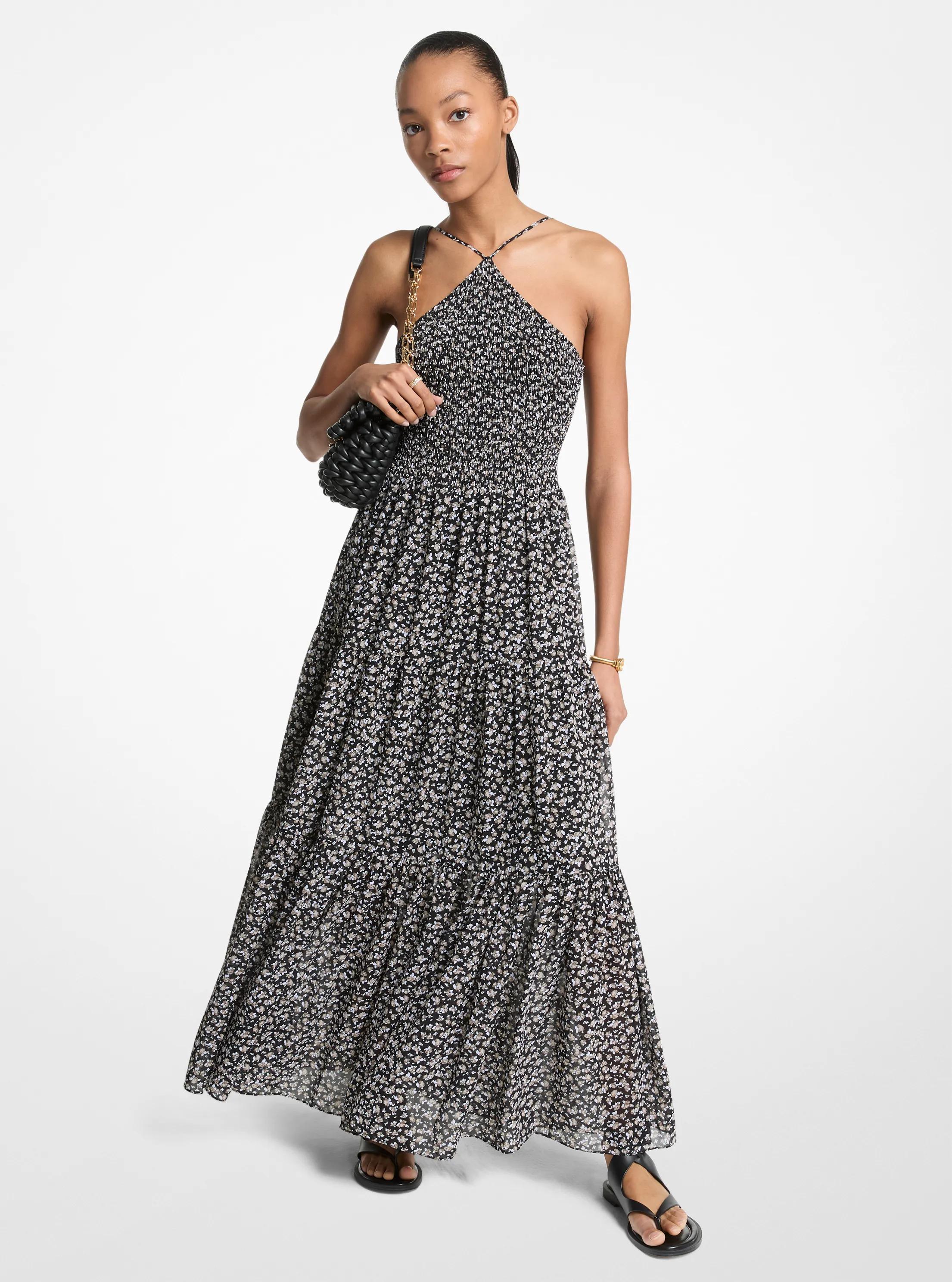 Floral Print Smocked Halter Maxi Dress in TAUPE | Michael Kors