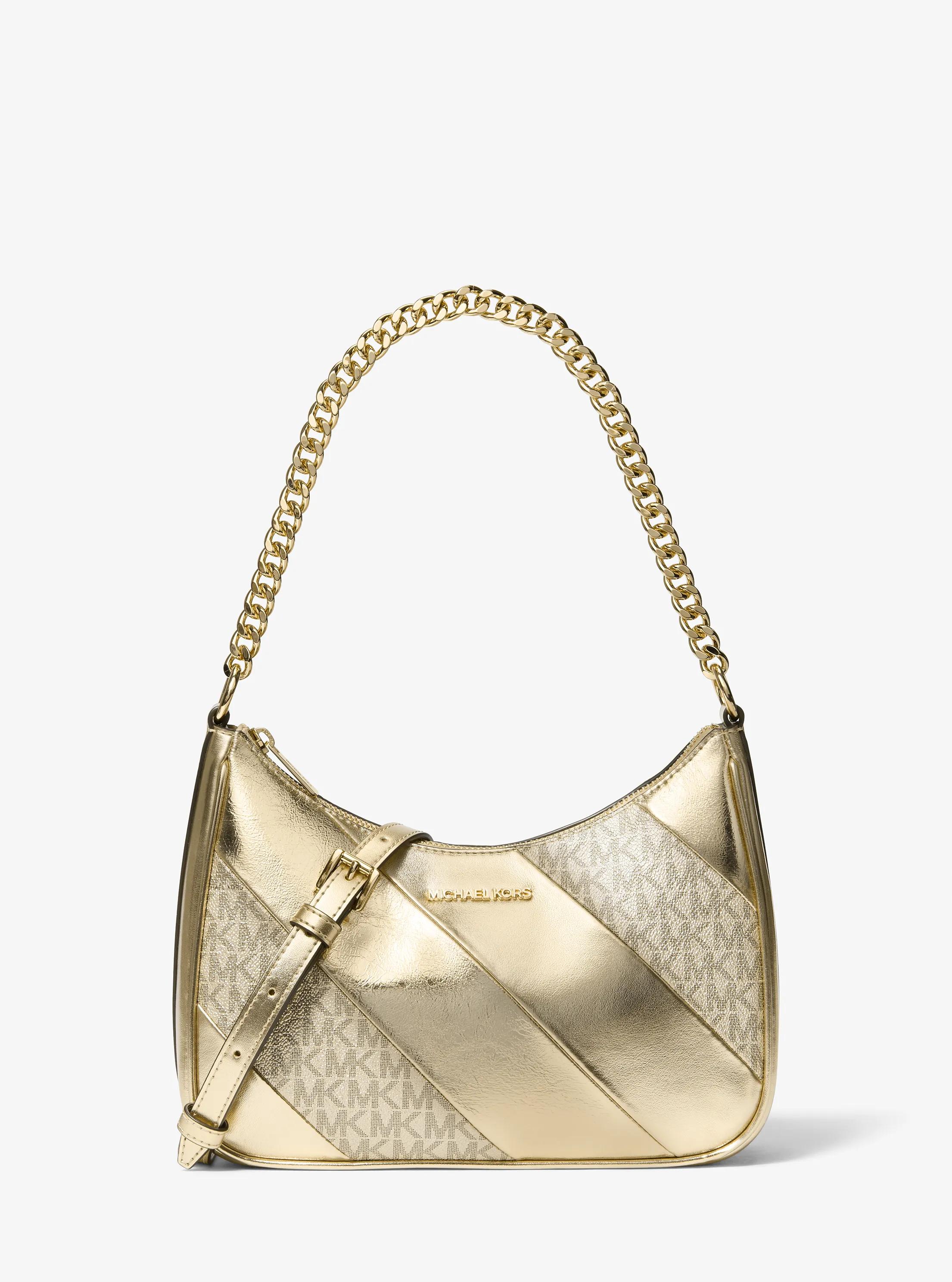 Jet Set Travel Large Metallic and Signature Logo Convertible Crossbody Bag in PALE GOLD | Michael Kors