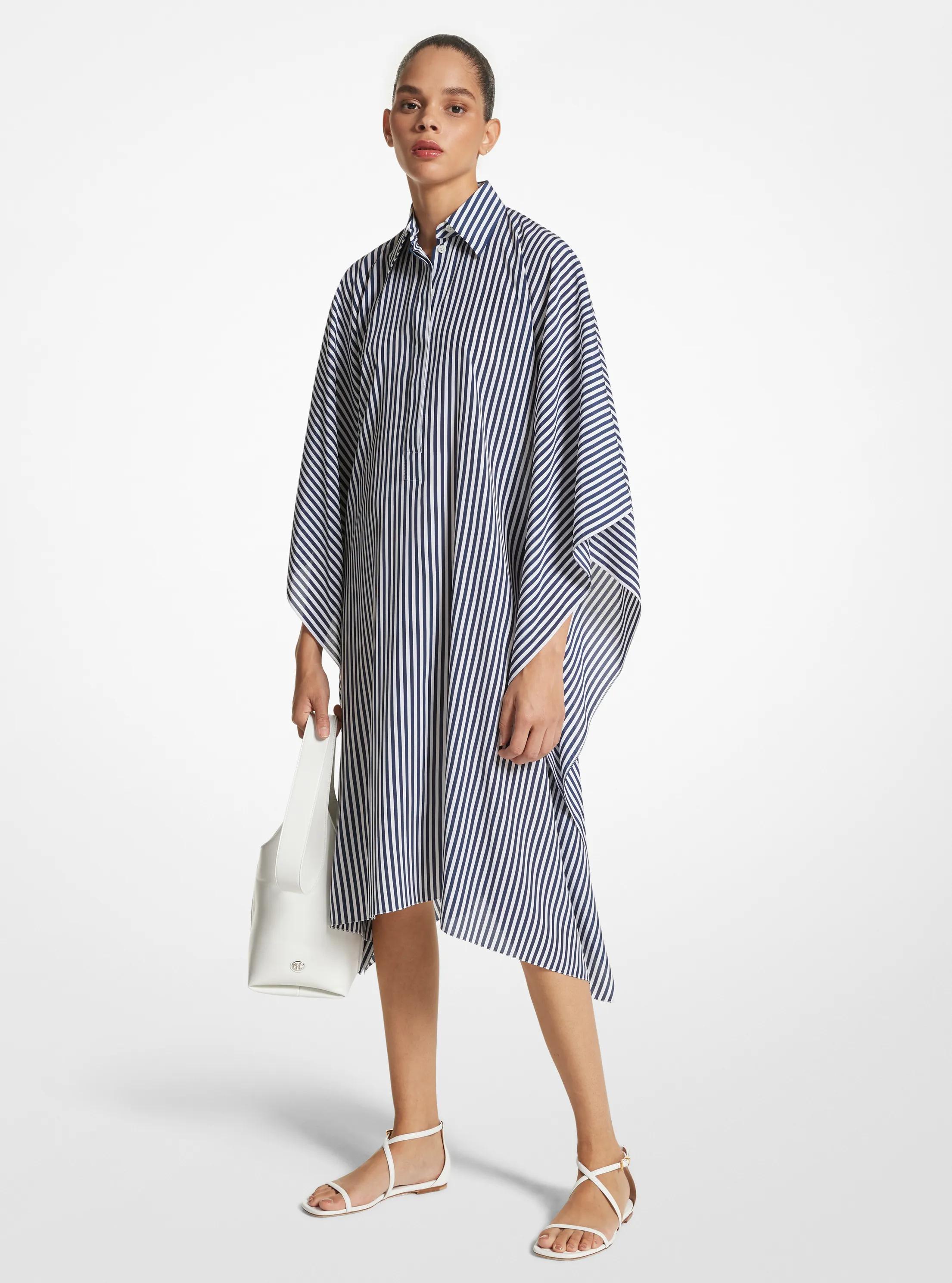 Striped Organic Silk Crepe De Chine Caftan Shirtdress in NAVY/OP WHTE | Michael Kors