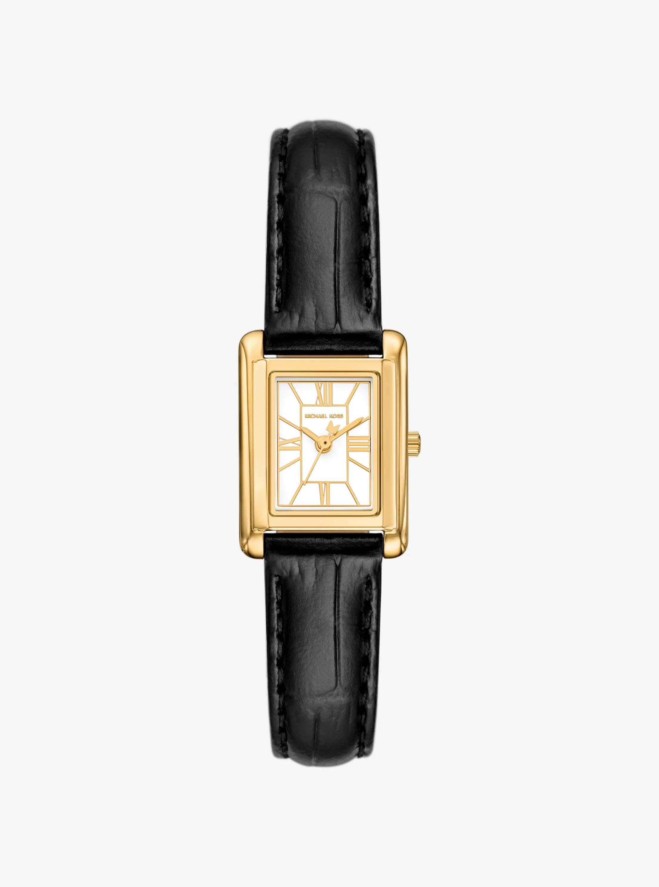 Petite Essex Gold-Tone and Crocodile Embossed Leather Strap Watch in BLACK | Michael Kors