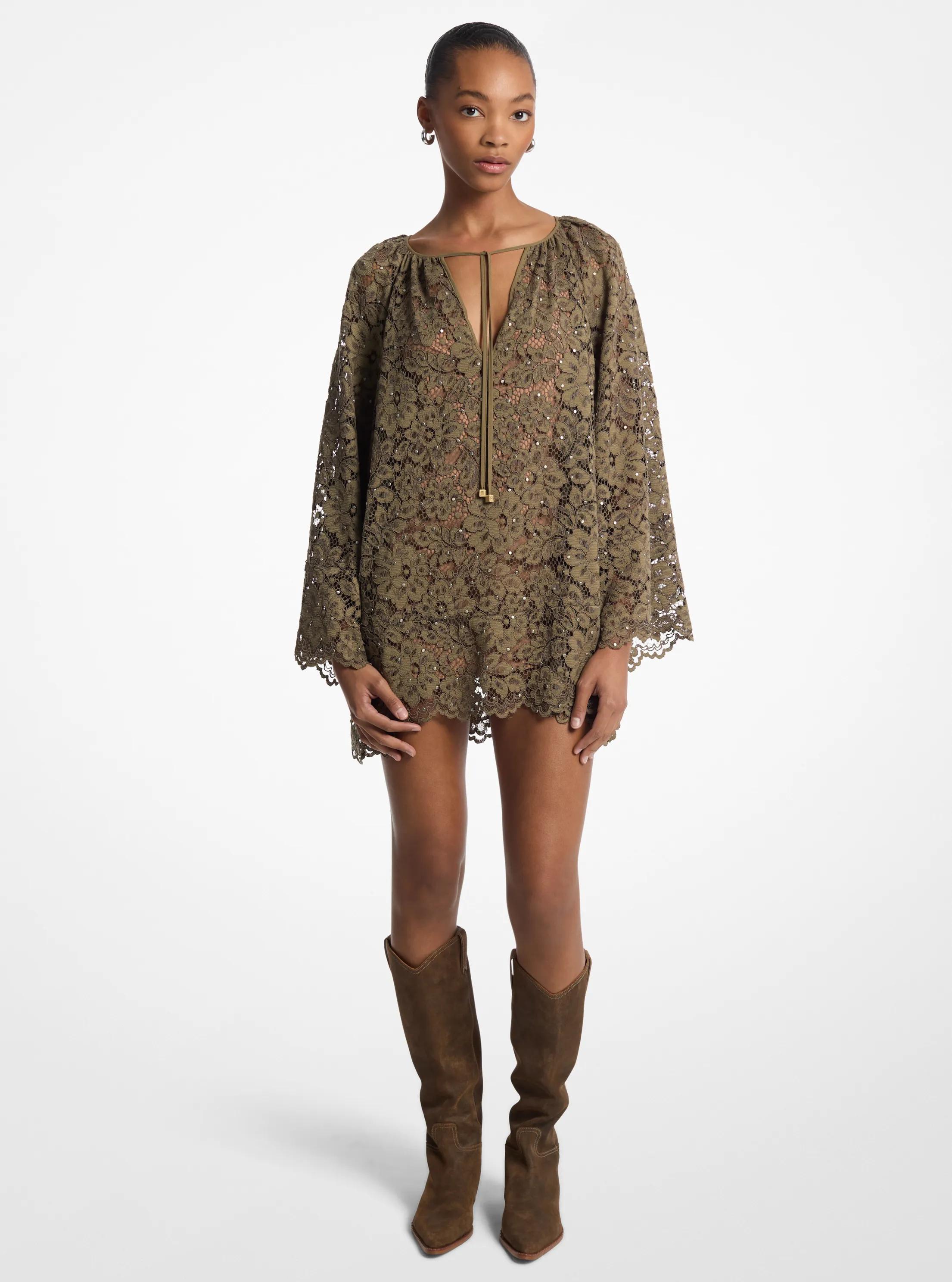 Studded Corded Floral Lace V-Neck Dress