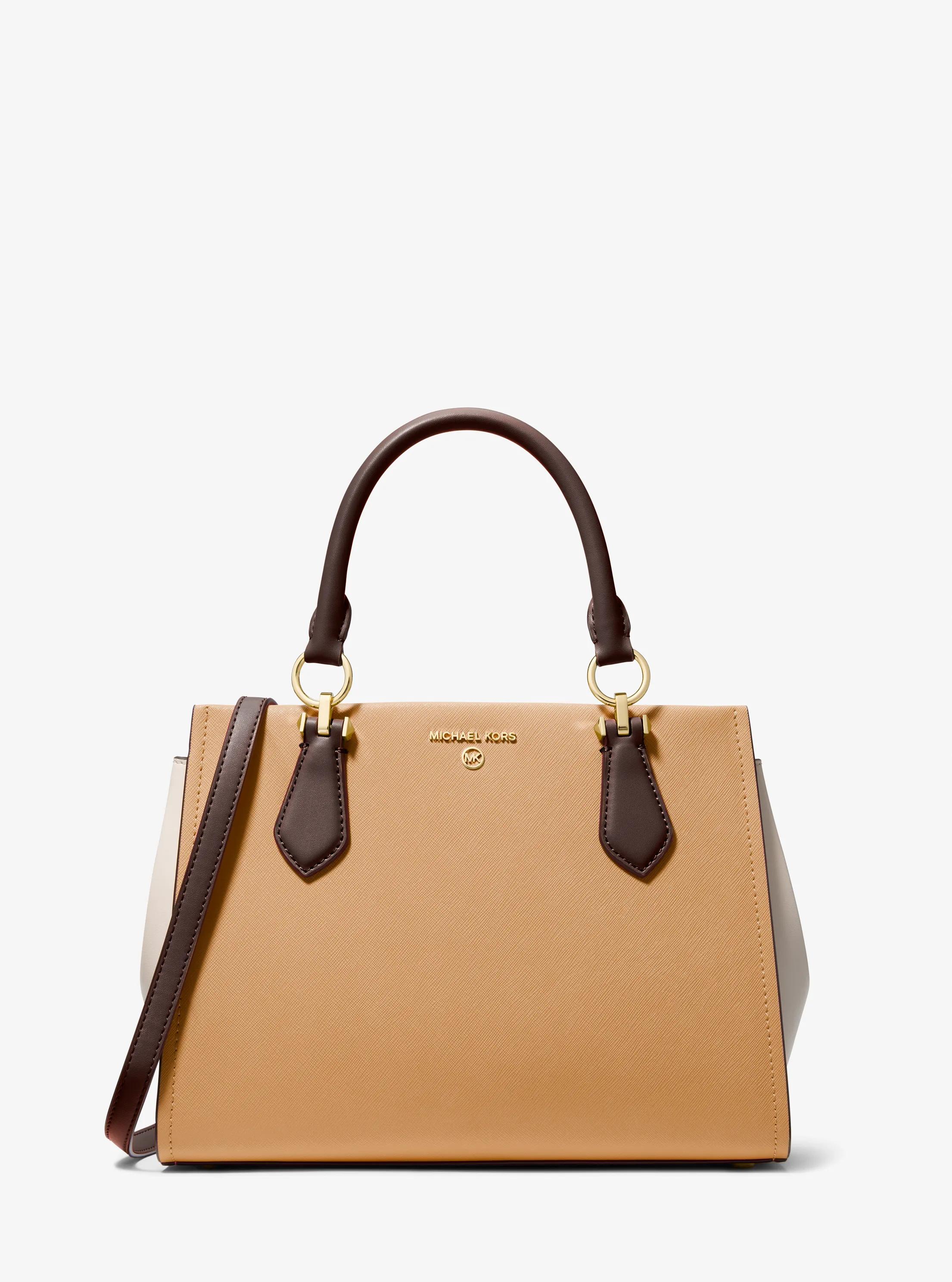 Bolso satchel Marilyn mediano de piel saffiano con bloque de color