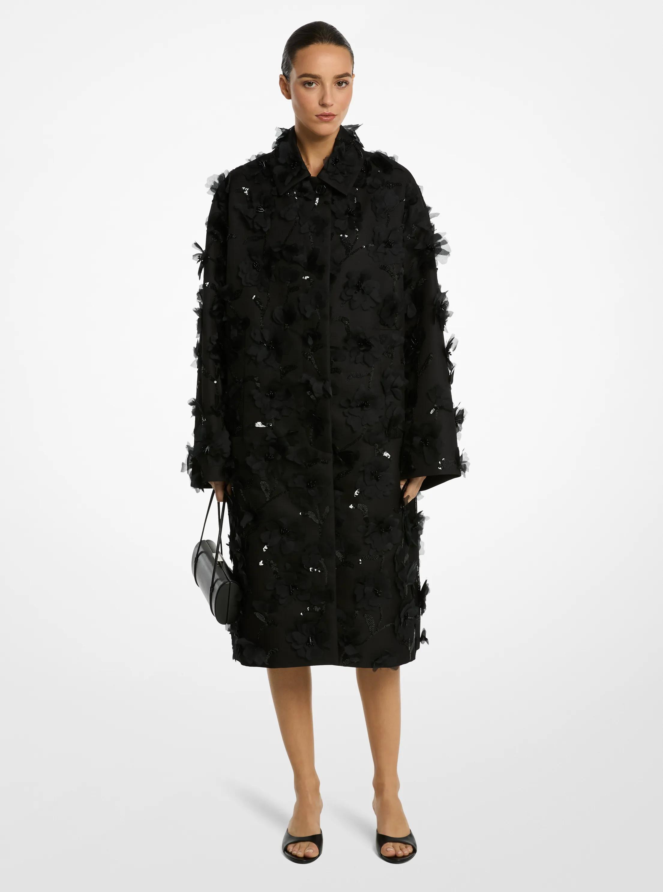 Hand-Embellished Floral Silk and Wool Mikado Balmacaan in BLACK | Michael Kors