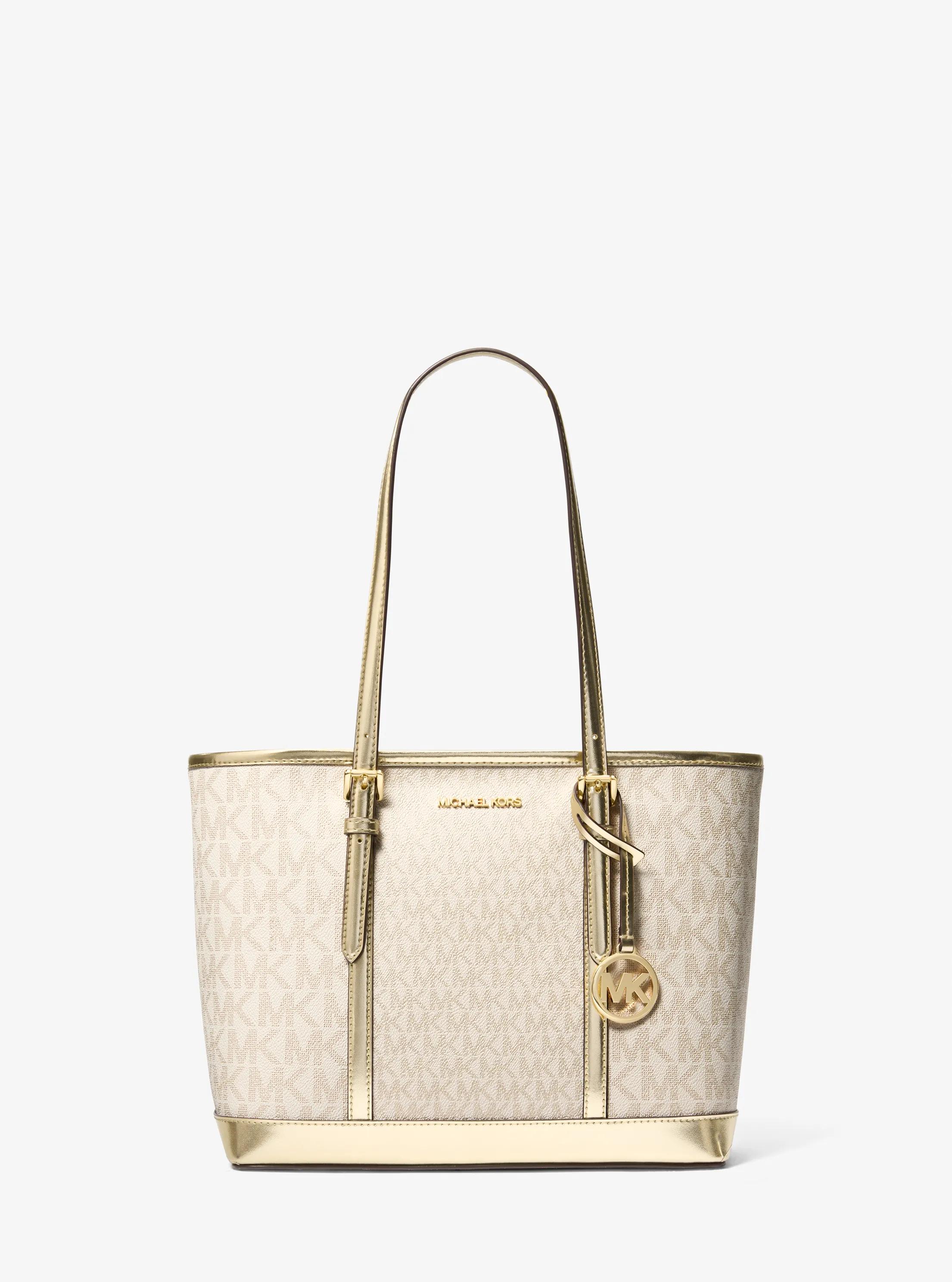 Jet Set Travel Small Metallic Logo Top-Zip Tote Bag in PALE GOLD | Michael Kors
