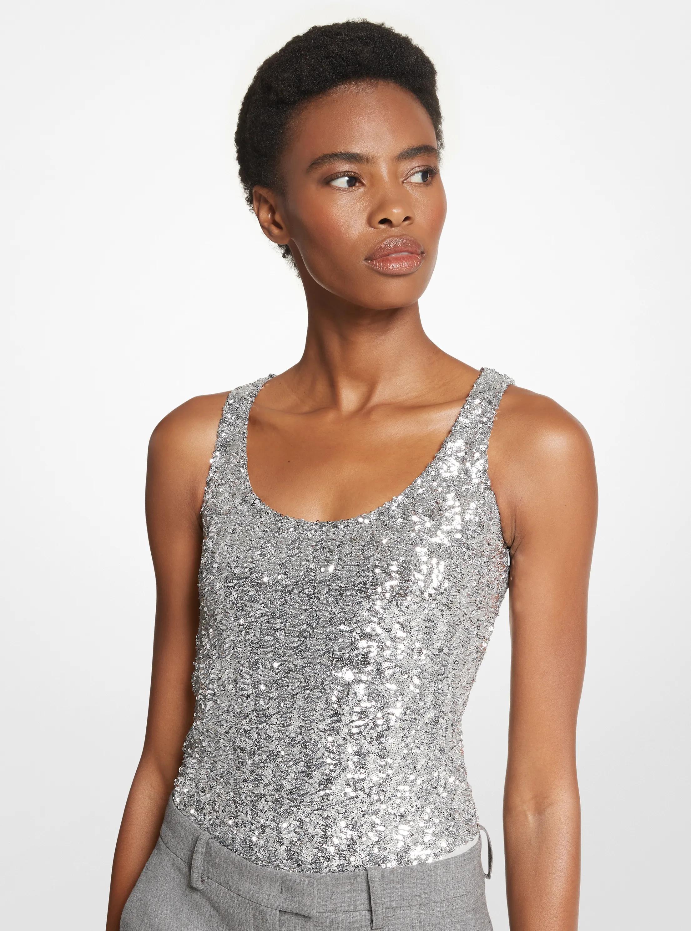 Body de tul el&aacute;stico con lentejuelas y escote en U in PLATEADO | Michael Kors