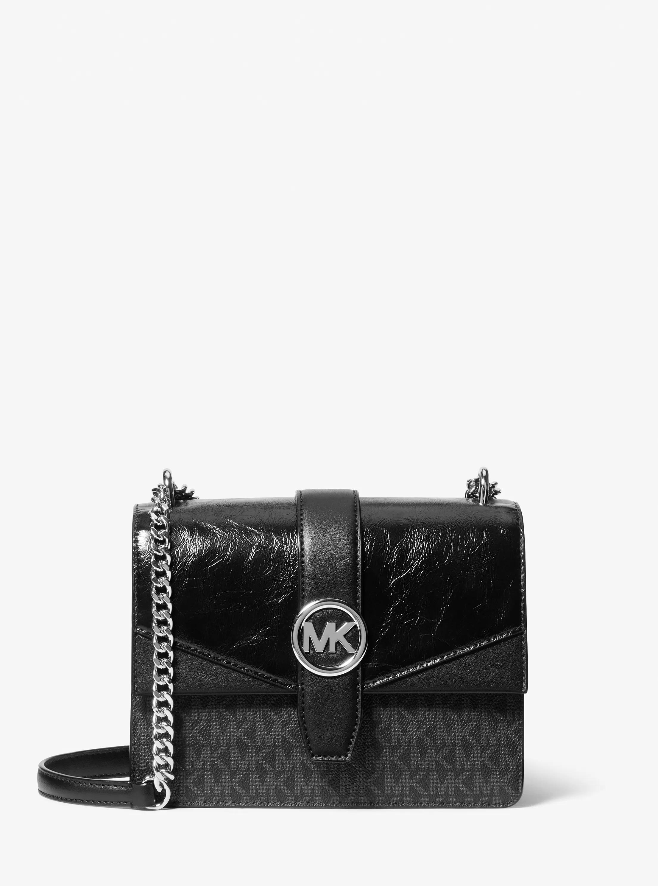 Borsa a tracolla Greenwich piccola effetto craquel&eacute; con stampa logo in NERO | Michael Kors