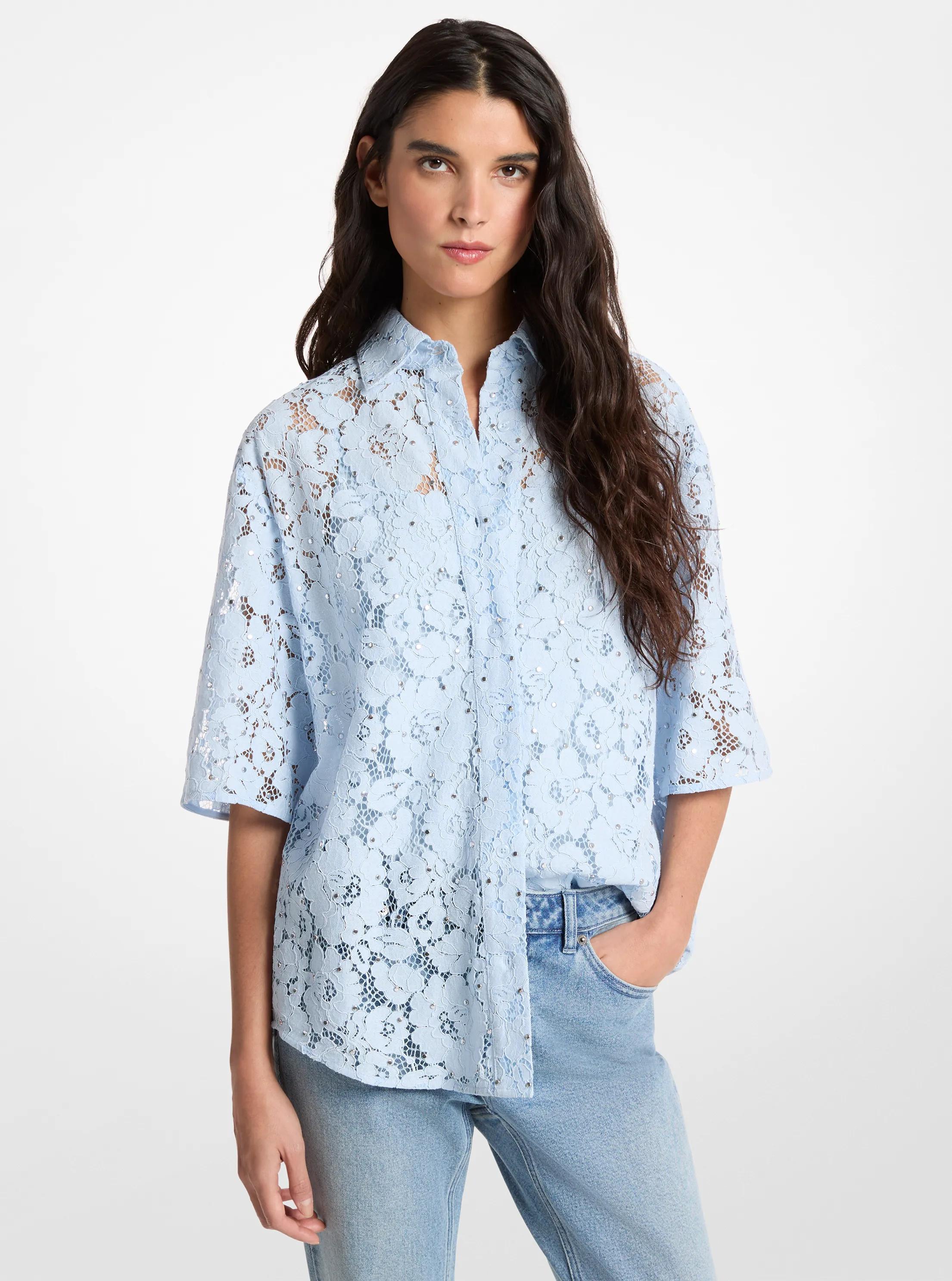 Studded Corded Floral Lace Shirt in PASTEL BLUE | Michael Kors