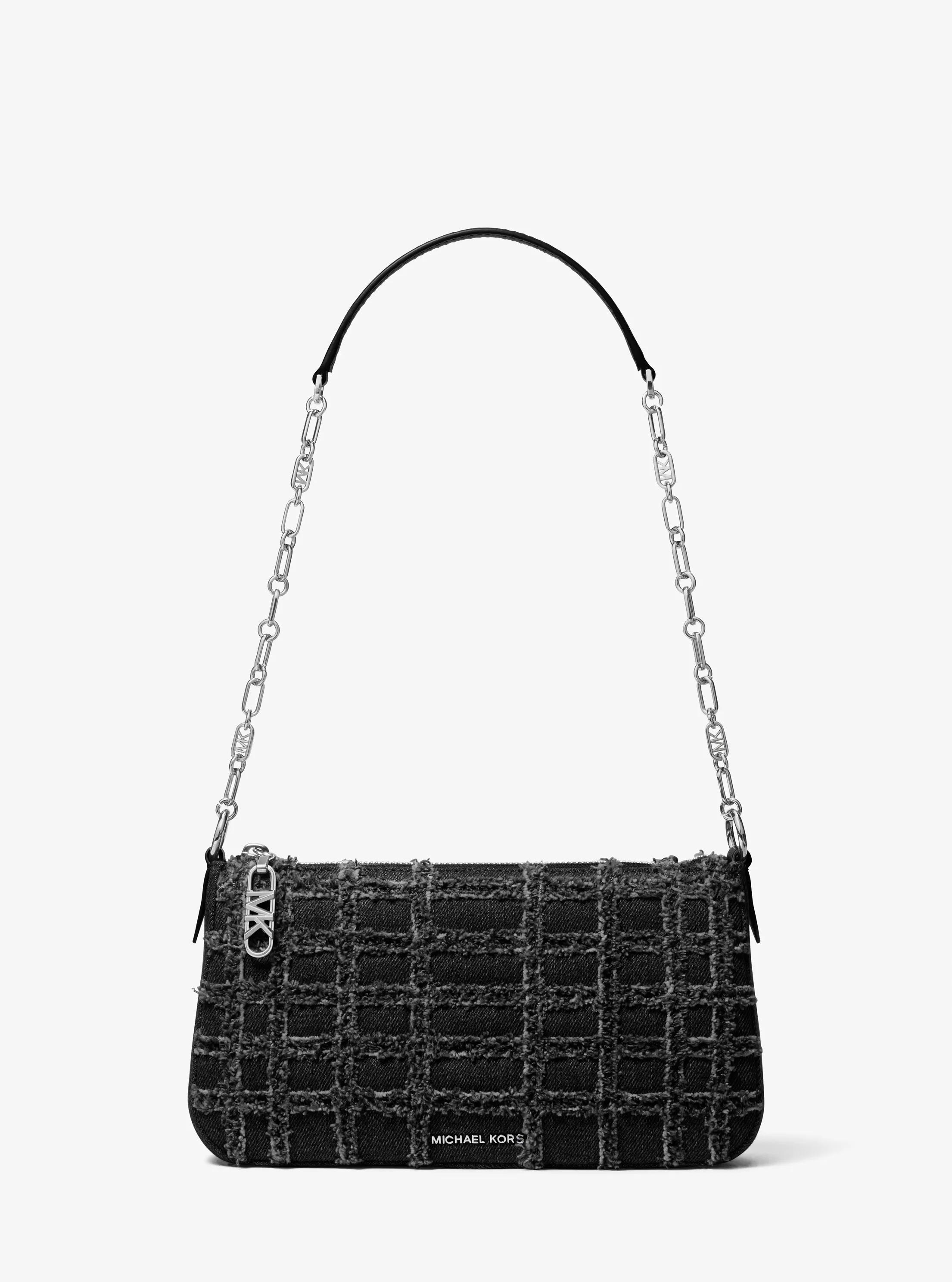 Pochette mediano de denim deshilachado con cadena de eslabones y logotipo imperio