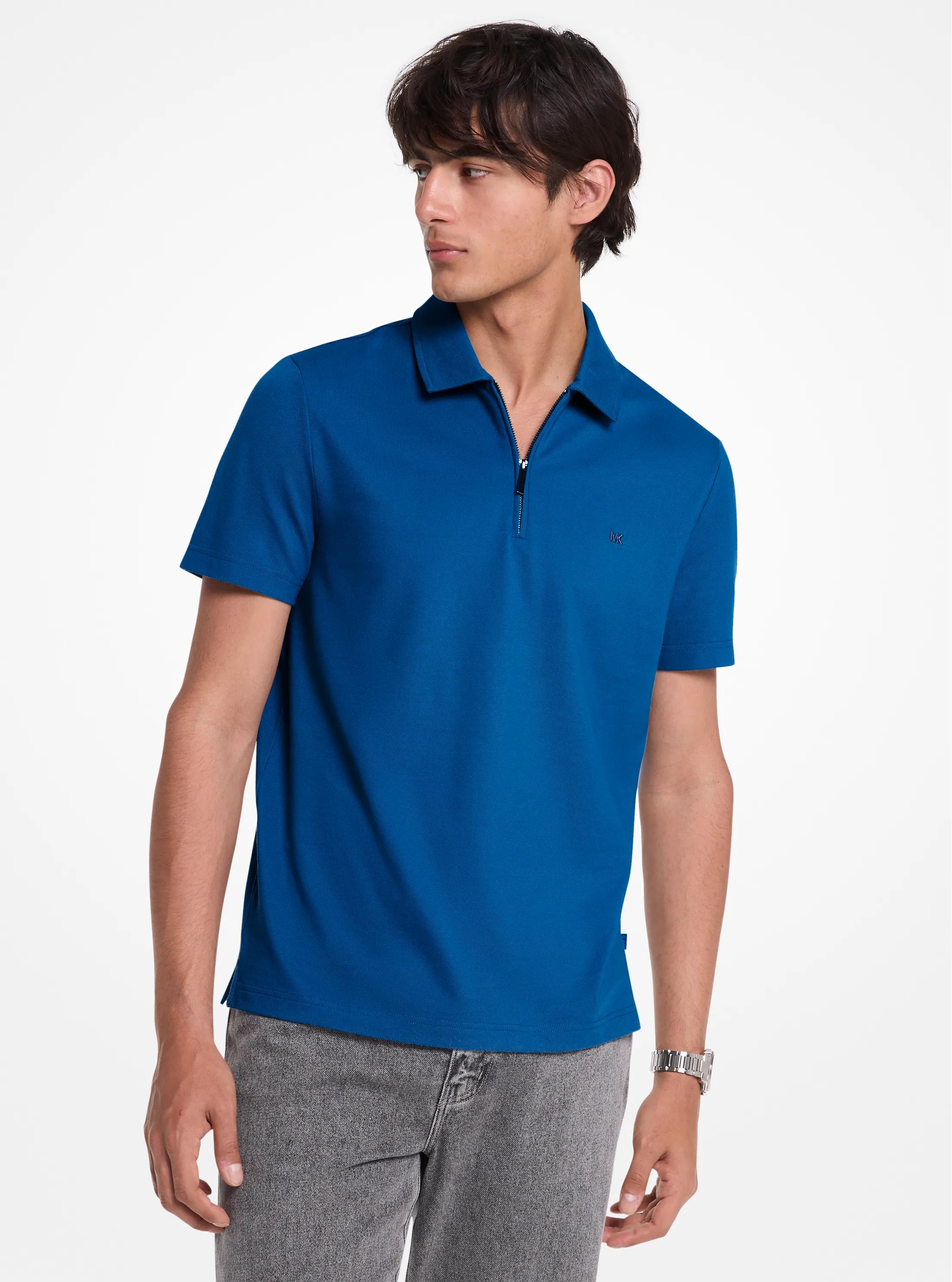 Cotton Blend Piqu&eacute; Zip-Up Polo Shirt in RIVER BLUE | Michael Kors