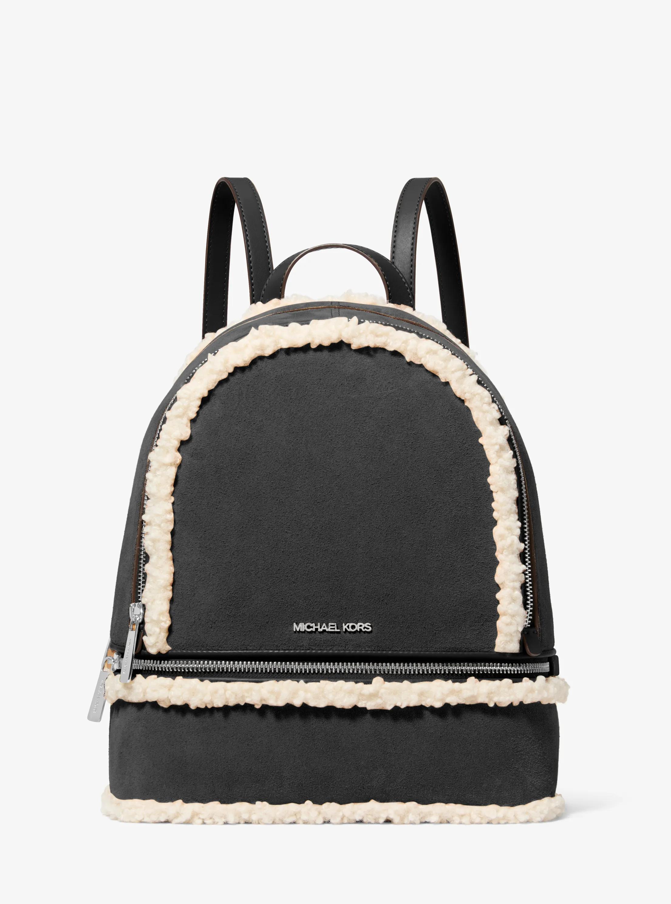 Rhea Medium Suede and Faux Shearling Backpack in BLACK | Michael Kors