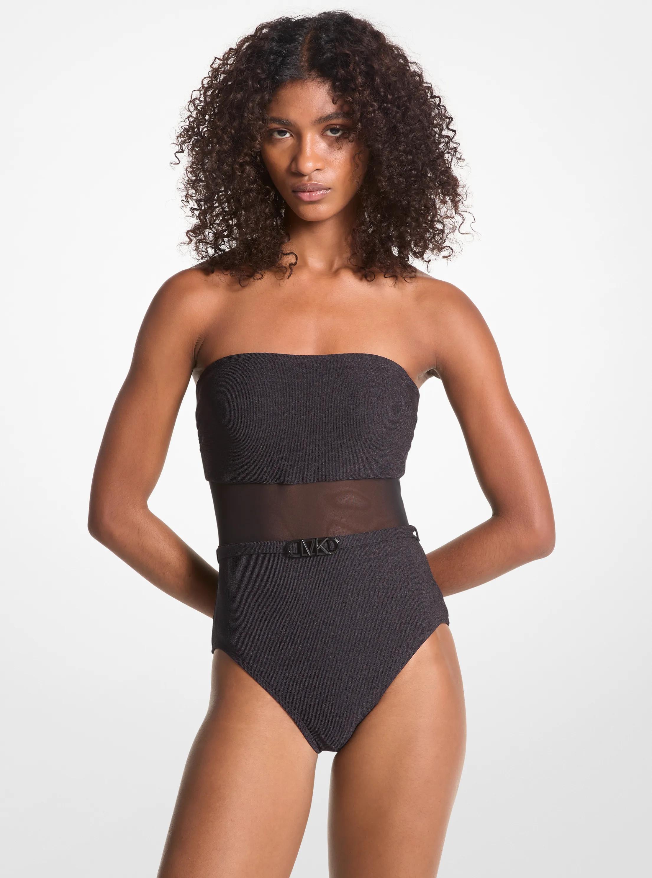 Stretch Nylon Belted Strapless Swimsuit in BLACK | Michael Kors
