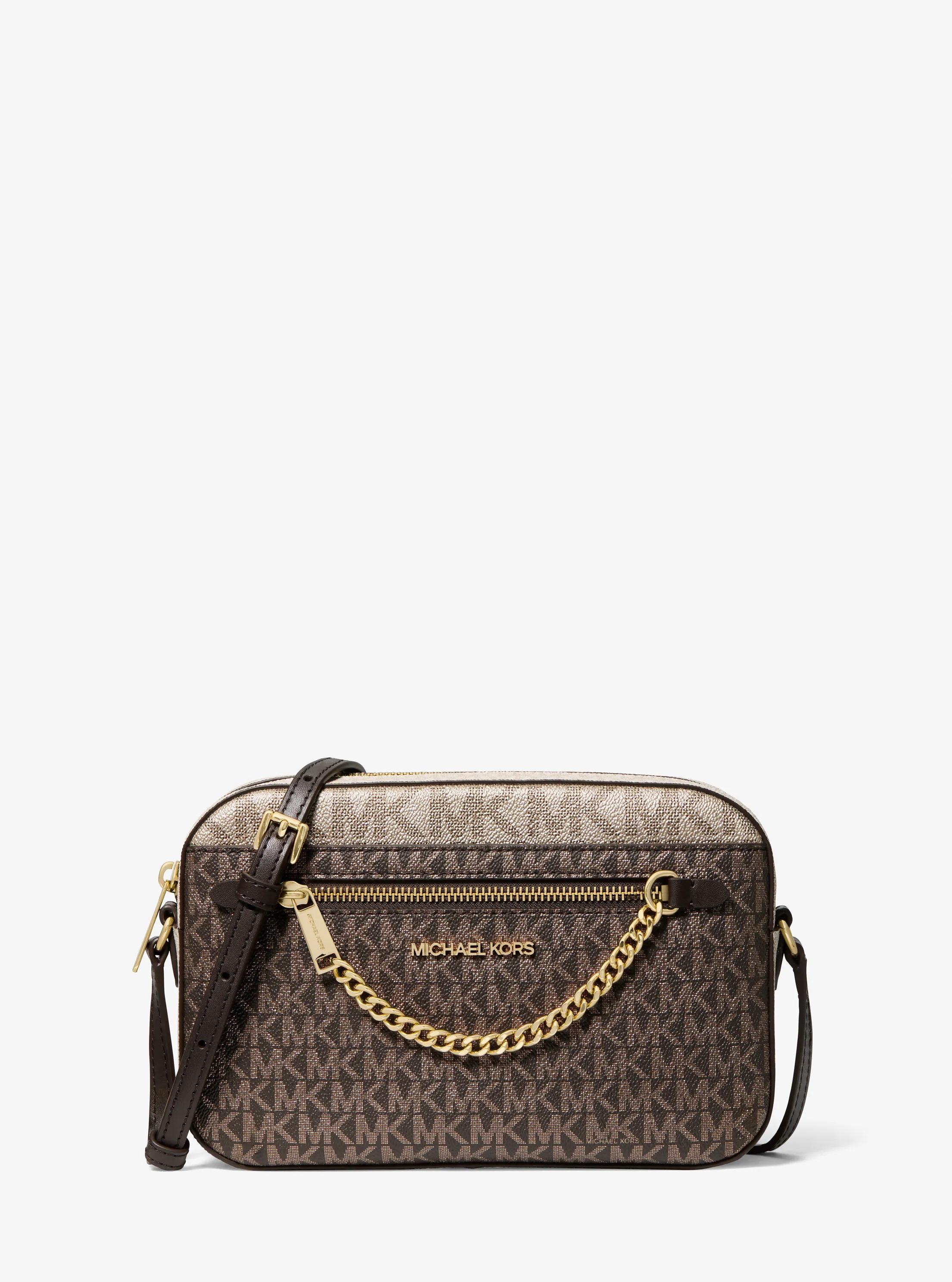 Jet Set Large Metallic Signature Logo Crossbody Bag in BROWN