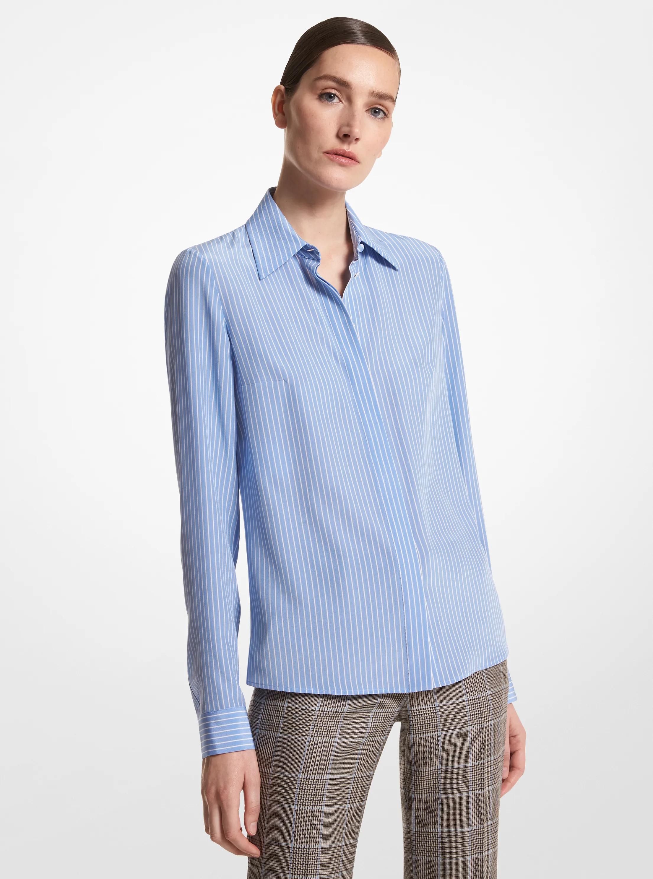 Hansen Striped Organic Silk Crepe De Chine Shirt in COAST/WHITE | Michael Kors