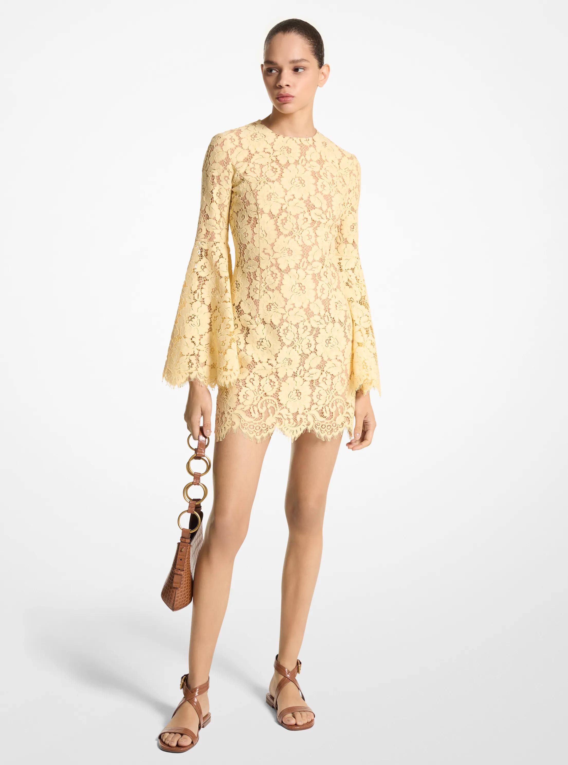 Cotton Blend Floral Lace Bell-Sleeve Dress in Parchment | Michael Kors