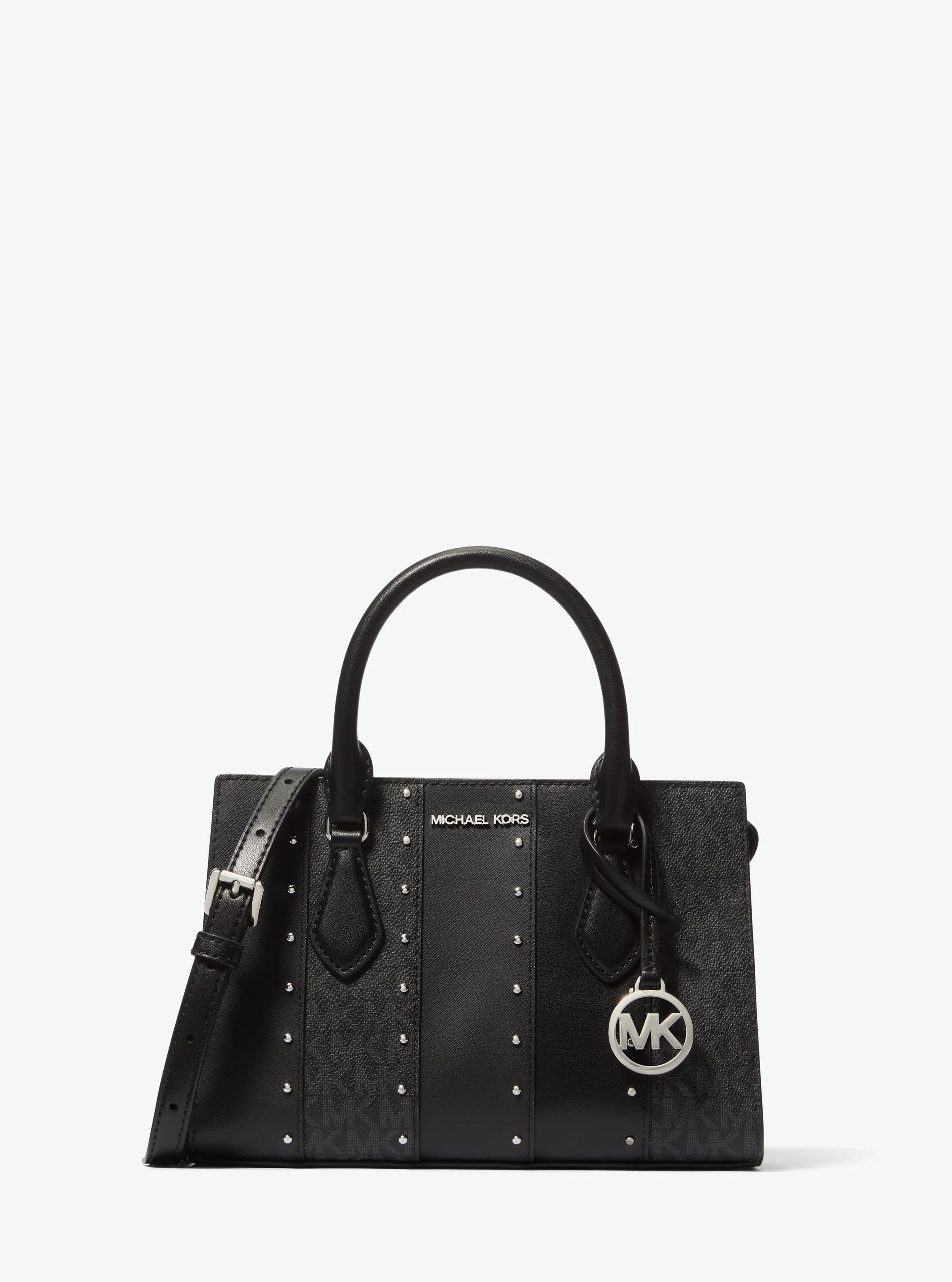 Sheila Small Studded Patchwork and Signature Logo Satchel in BLACK COMBO | Michael Kors